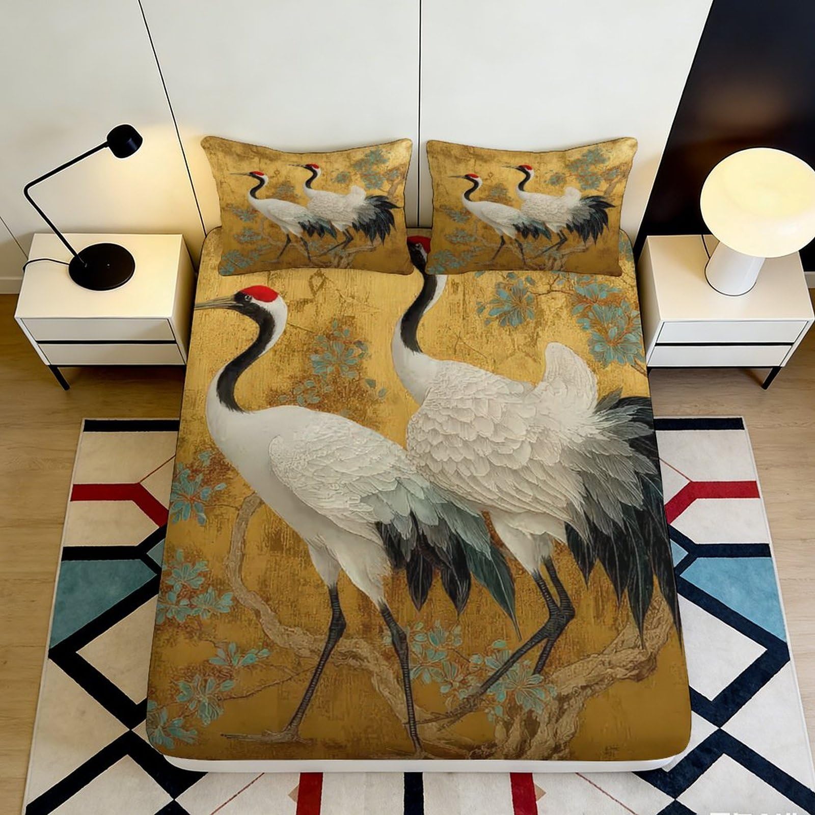 Pnayamiorkfel Style-3 3D Printed Oriental Crane Art Fitted Sheet Microfiber Soft Gold Decorative Bird Mattress Cover Bedroom Decor 90X200x25cm