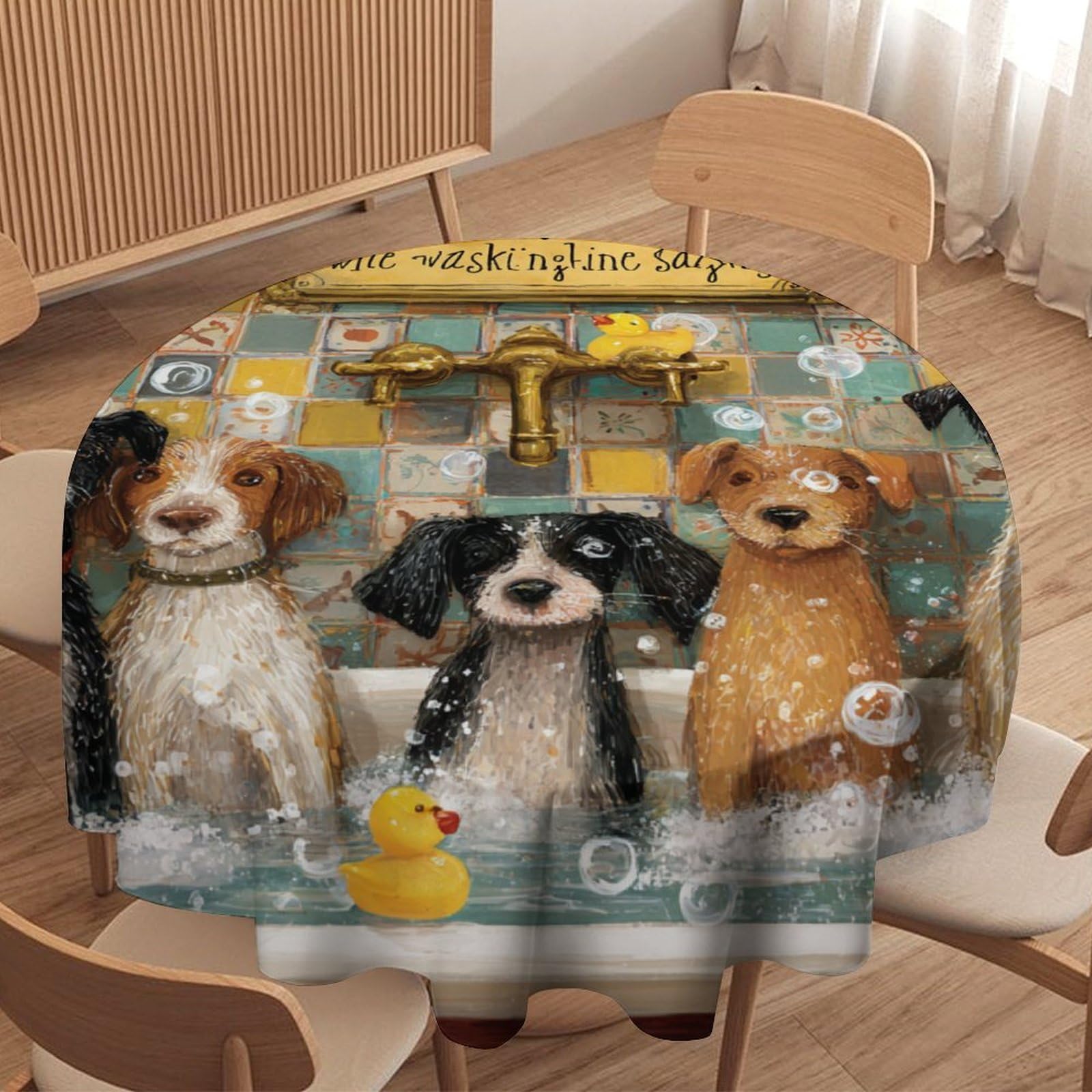 LUYYSKY Funny Modern Pet Puppies Round Tablecloth Beautiful Realistic Bathroom Art Animals Dogs Print Washable Decor for Table Cover for Kitchen-152.4" Wx152.4 L cm