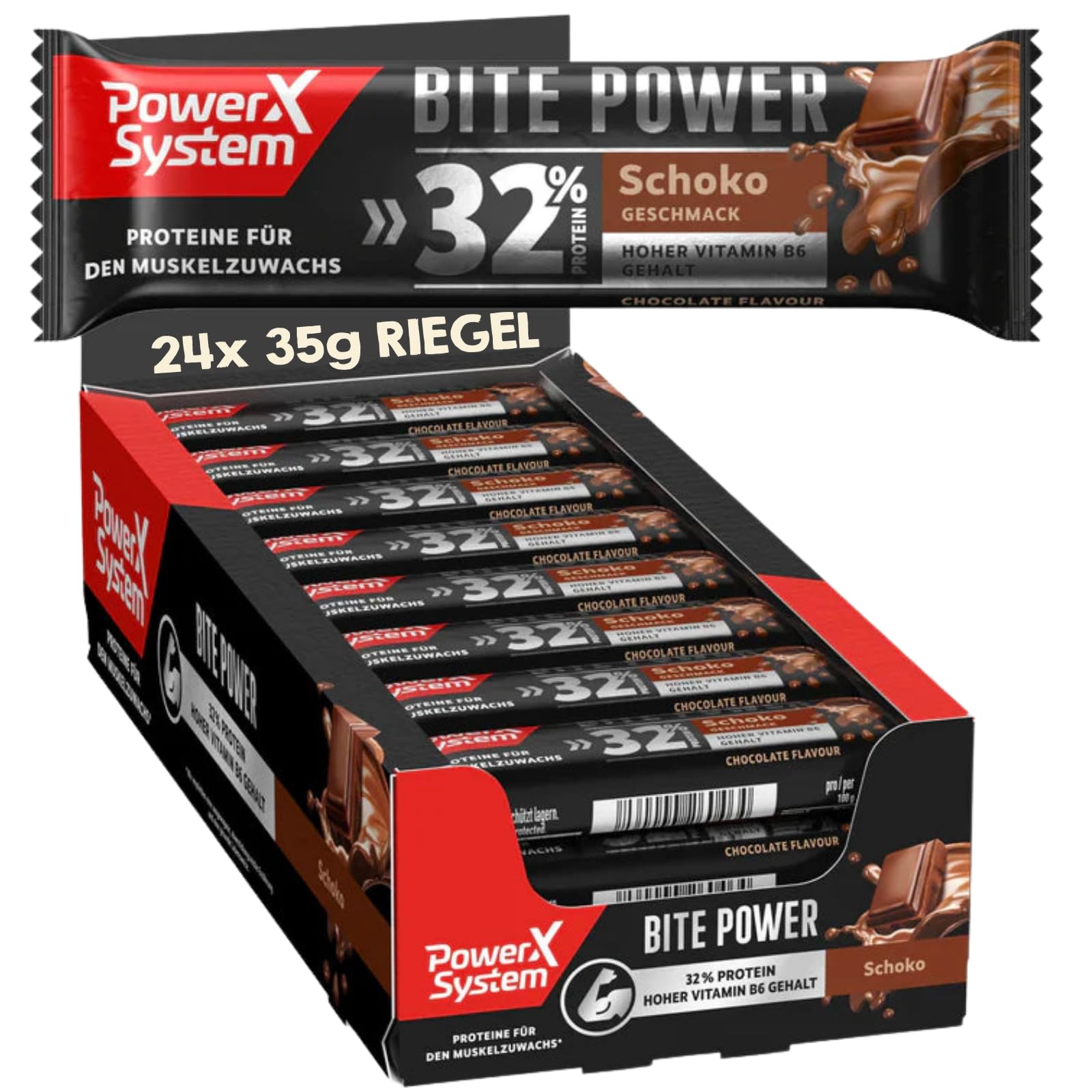 Power System Bite Power Schoko 32% Eiweiß, High Protein, Vitamin B6, 24x35g
