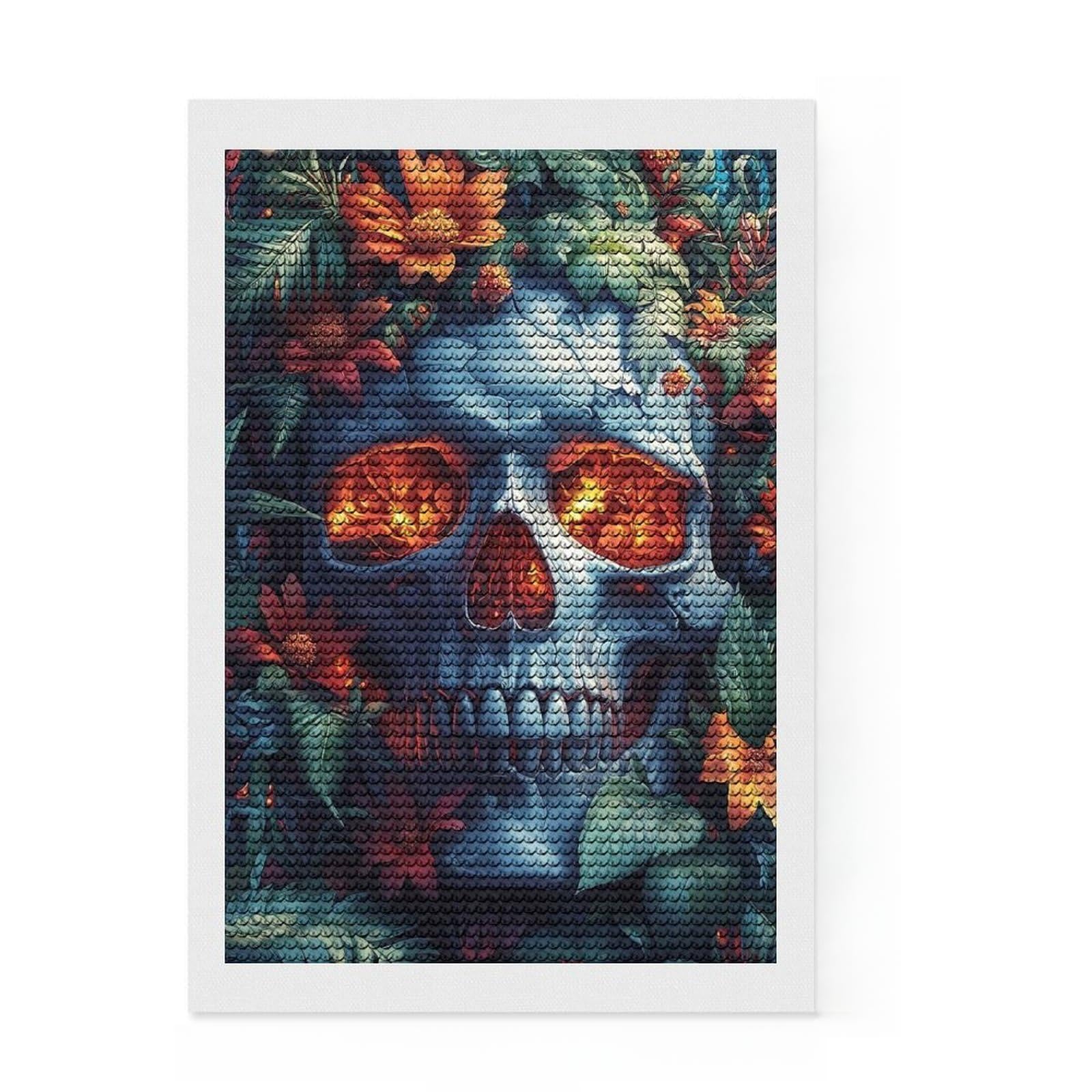 Junmoney Floral Skull Round Drill Diamond Painting 8"x12", for Adults, Stress Relief Craft, Artistic Hobby, Aesthetic Room Decor