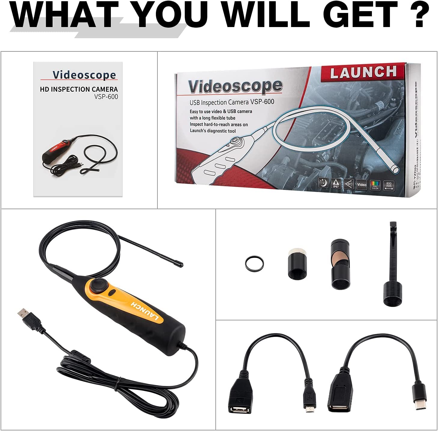 LAUNCH VSP-600 kamera endoskopowa, endoskop kamera inspekcyjna z 6 regulowanymi diodami LED, cyfrowy endoskop, IP67 wodoszczelnym półsztywnym kablem, do telefonów i tabletów Android oraz urządzenia