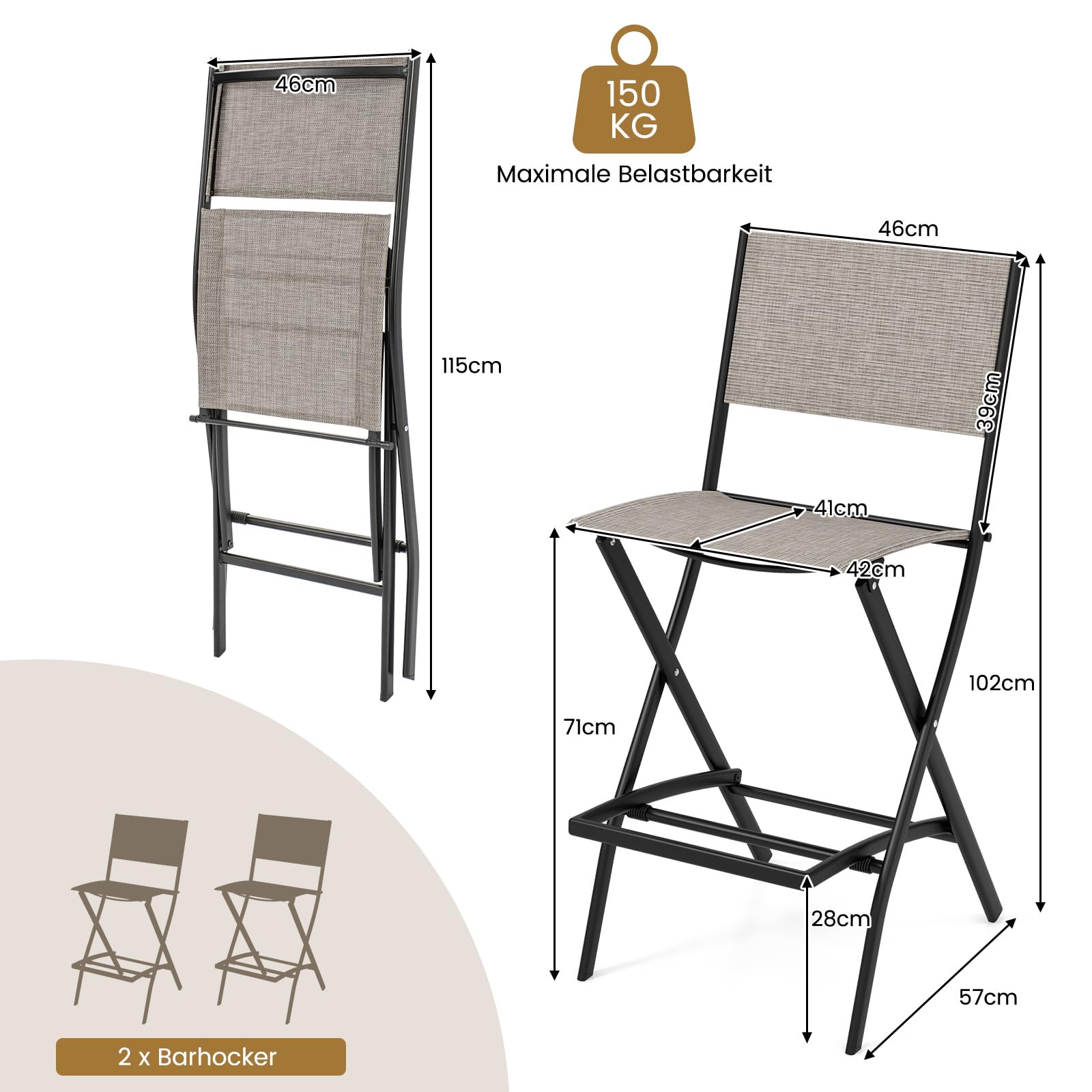 COSTWAY 2er Set Outdoor Barhocker, klappbare Barstühle mit Rückenlehne und Fußstütze, Tresenhocker bis zu 150 kg belastbar, Sitzhöhe 71 cm, Gartenstühle für Balkon, Garten & Poolbereich