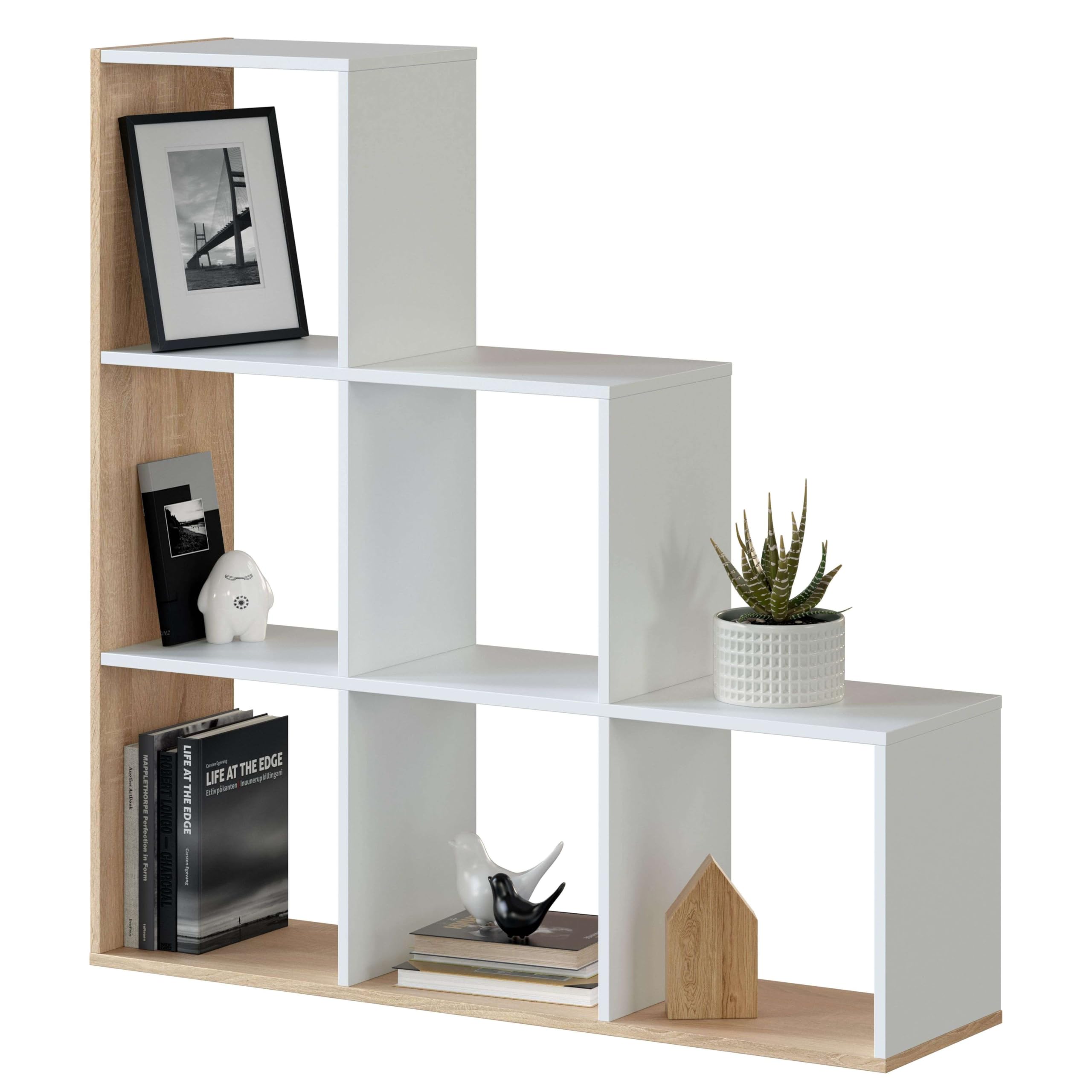 Habitdesign Libreria, soggiorno, sala da pranzo, ufficio, modello Lua, finitura bianca Artik e Rovere Canadian, dimensioni: 110 cm (altezza) x 108 cm (larghezza) x 28 cm (fondo)