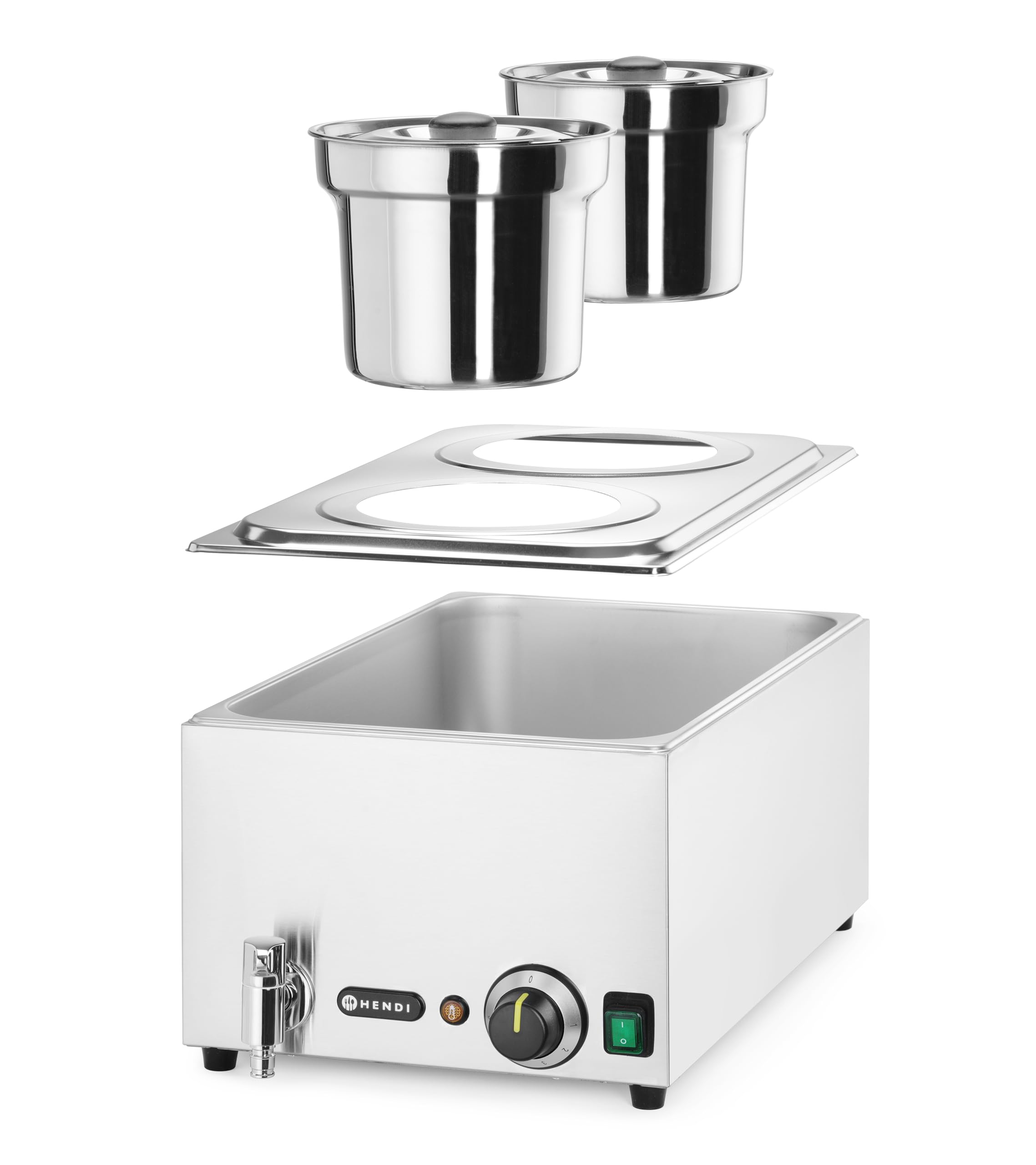 HENDI Bagnomaria elettrico, con rubinetto, scaldavivande per buffet, temperatura regolabile 30–85°C, inclusi 2 contenitori rotondi con coperchi, 8 L, 220V, 1000W, 604x332x(H)315mm, inox