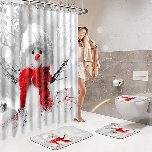Miniatura 6 de Juego de 4 cortinas de ducha de Navidad con alfombras y tapa de inodoro, muñeco de nieve de Navidad para baño, decoración de baño con temática de