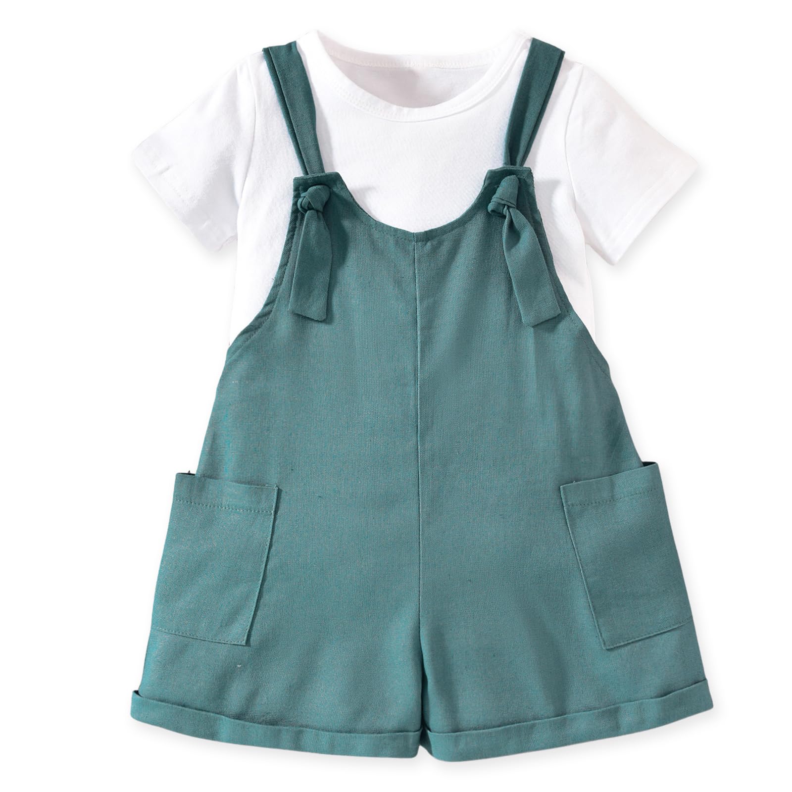 HINTINA Toddler Girl Overall Shorts Set Adjustable Loose Jumpsuit Short Sleeve T-shirt Vacation Summer Outfits with Pockets