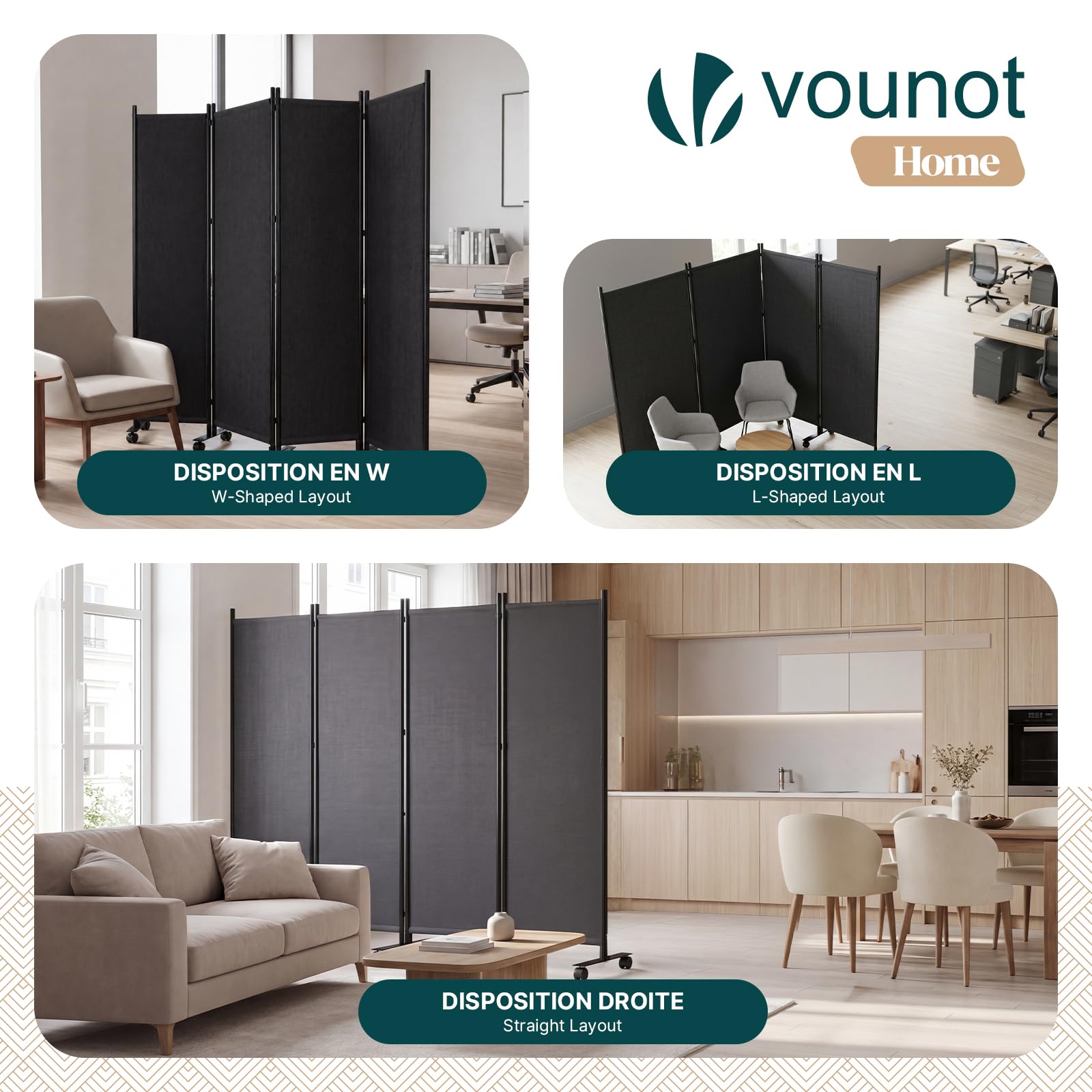vounot® Paravent Séparateur de Pièce 4 Panneaux avec roulettes Cloison de Séparation Autoportant Pliable Brise Vue pour Plus d’Intimité Salon Chambre Bureau 228 x 30 x 171 cm Anthracite