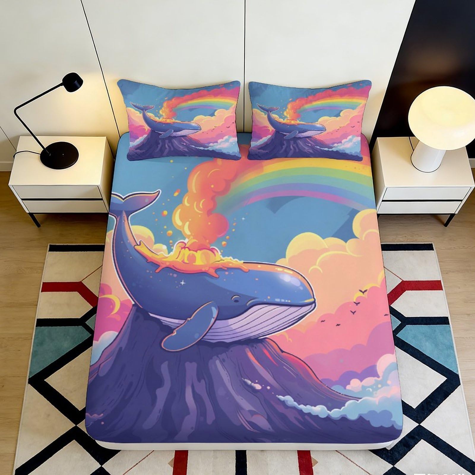 3D Printed Whale Volcano Rainbow Fitted Sheet Microfiber Soft Breathable Cartoon Bed Cover for Bedroom Dormitory Guest Room Mattress Protection 160x200x25cm