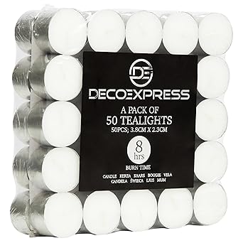 Deco Express Tealight Candles Multipack of 200, 100, 50 or 24-4, 8 or 10 Hours Burning Time - Tea Lights Candles Unscented (White 50/8 Hours)
