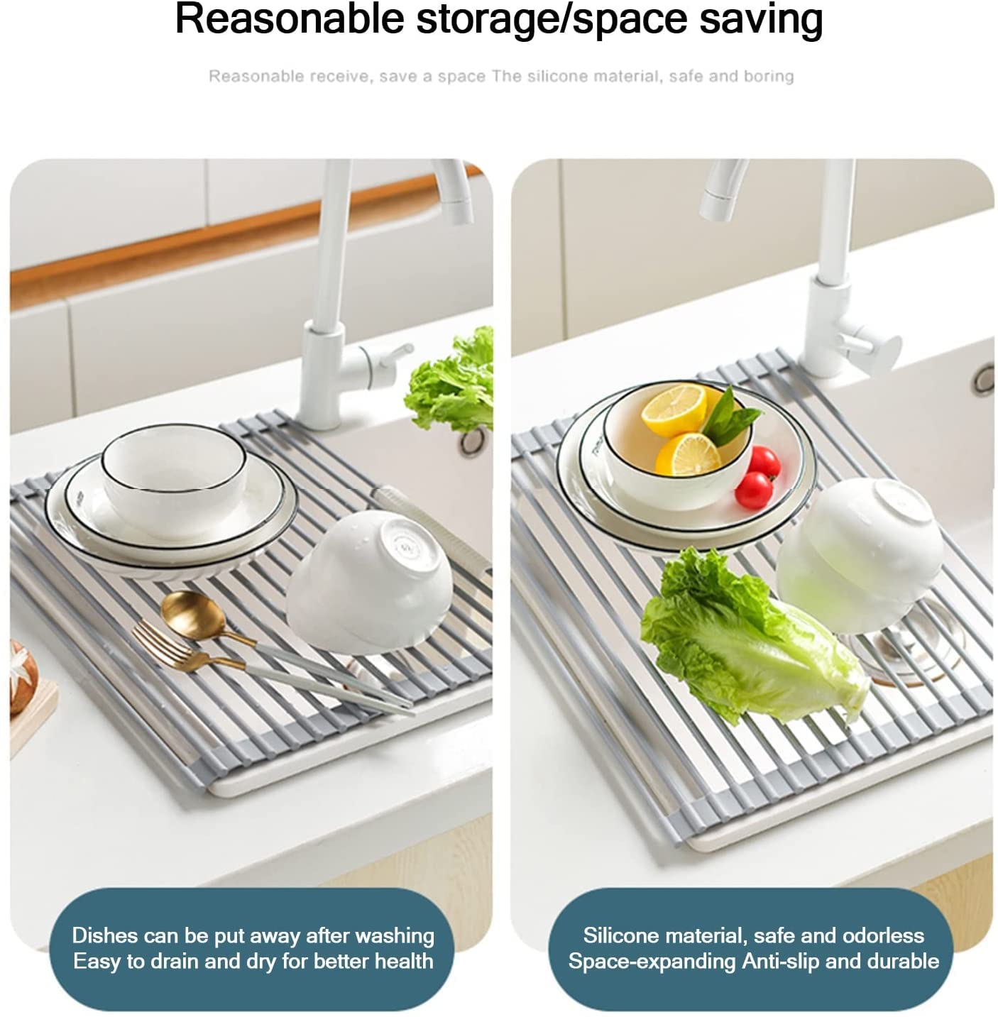 Rejilla de secado de platos plegable, Revestimiento de silicona sobre el fregadero Rejilla de secado de platos, Escurridor de platos antideslizante resistente al calor, para mostrador de fregadero d