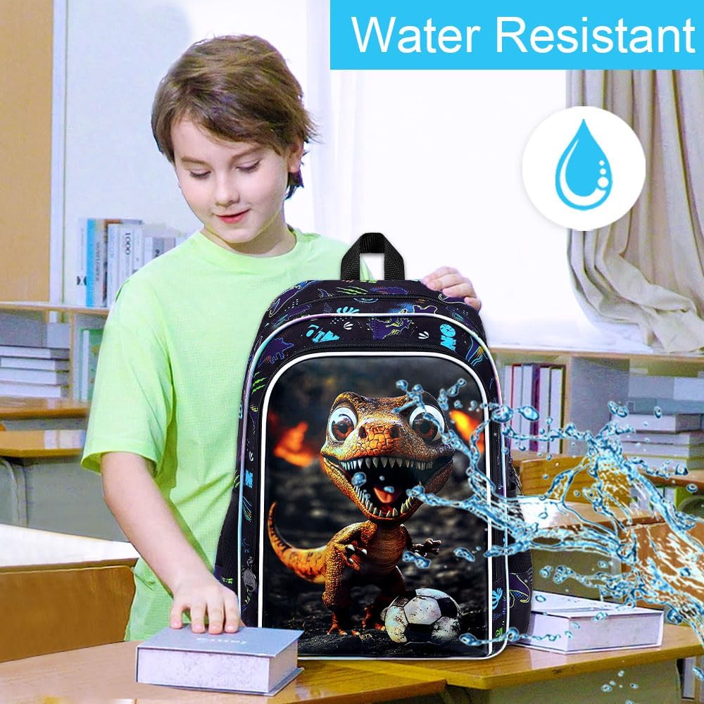 16" Dinosaur Backpack for Boy, 3Pcs Soccer Bookbag for Elementary Preschool Kindergarten, Kids School Backpacks with Lunch Box (Black) - Image 7