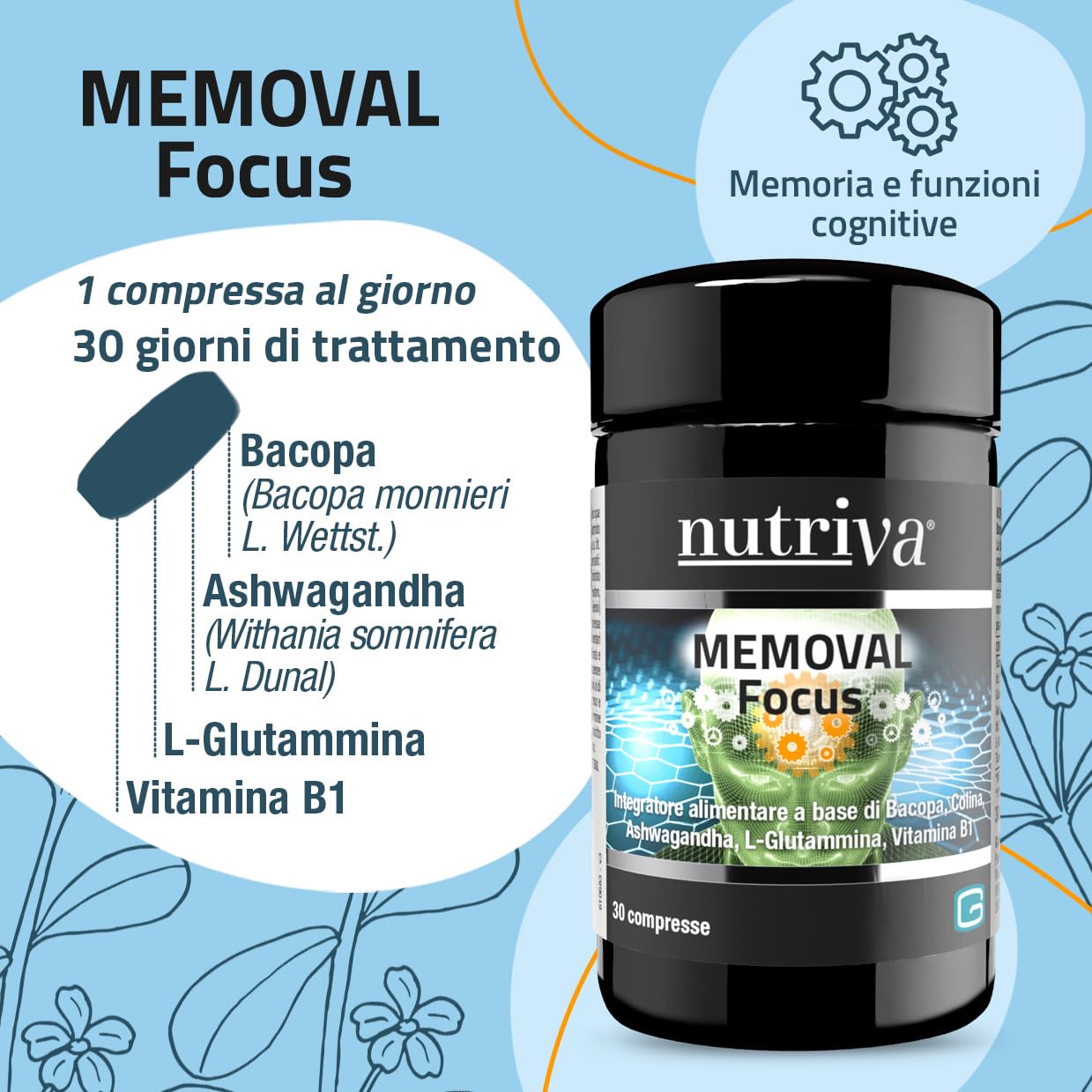NUTRIVA Memoval Focus, Integratore alimentare a base di Bacopa, Colina, Ashwagandha, L-Glutammina, Vitamina B1. Utili al mantenimento della memoria e al benessere mentale. 30 compresse.