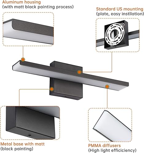 Miniatura 4 de JUSHENG Lámparas de tocador de baño de 16 pulgadas de largo modernas lámparas de pared de aluminio negro mate para espejo de baño, lámpara de