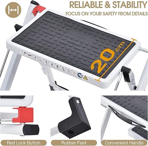 Miniatura 2 de KINGRACK Escalera plegable de 2 peldaños con alfombrilla de goma antideslizante, taburete con botón de liberación, acero ligero, hasta 330.7 lbs.