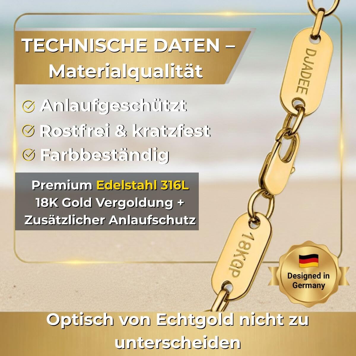 DJADEE Herren Kette Gold 750 vergoldet Premium Edelstahl 316L Plattenkette 6/8/10/12 mm Wasserfest Hypoallergen Hochglanzpoliert Geschenk für Männer Halskette Steigbügelkette 18 Karat gestempelt