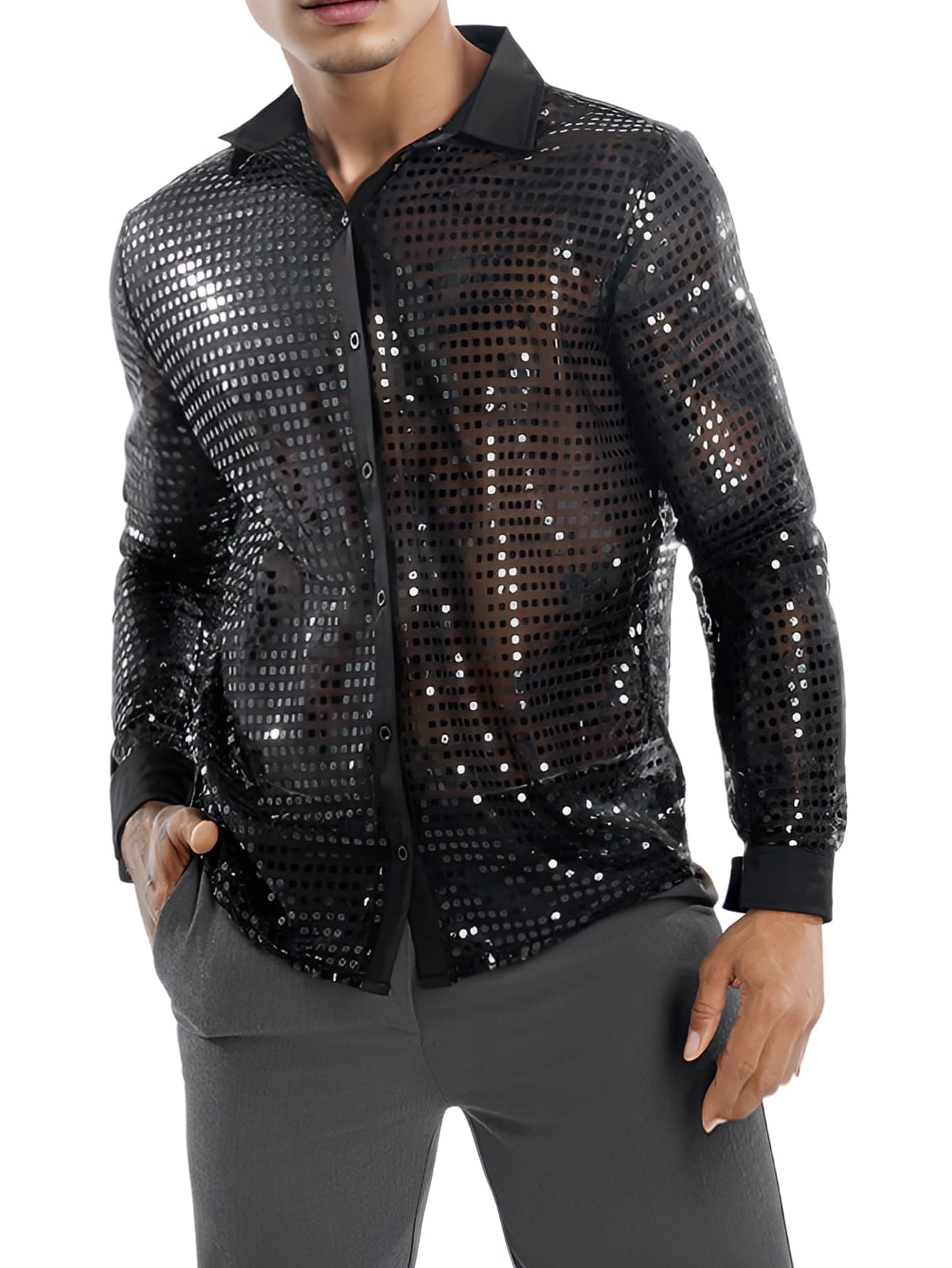 BAE MODMen's Sequin Decor Semi-Sheer Button Down Shirt Party Club Glitter Long Sleeve Contrast Collar Shirt Tops