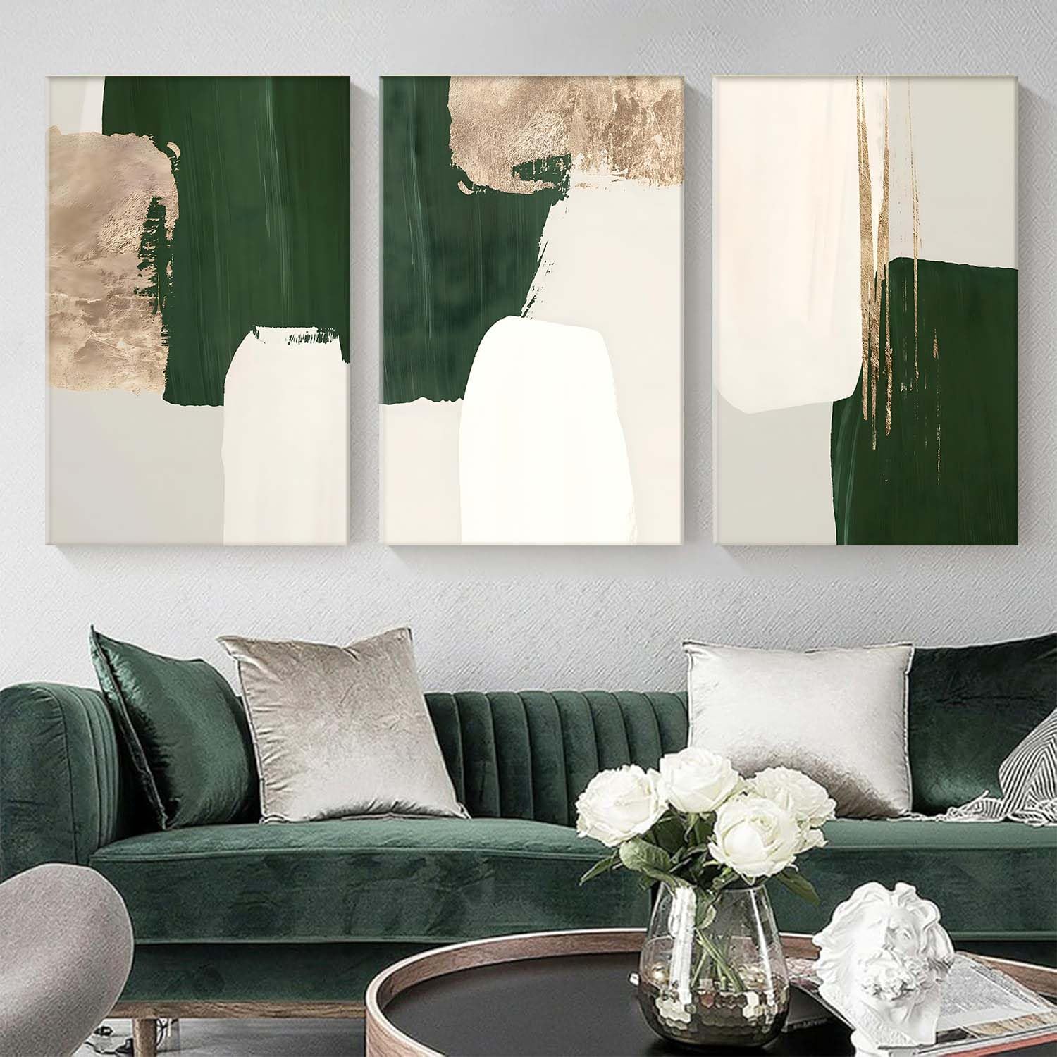 Green Gold White Abstract Wall Art Painting Set of 3 Texture Pictures Neutral Greens Prints Sage Artwork Beige and Green Abstract Neutral Wall Art