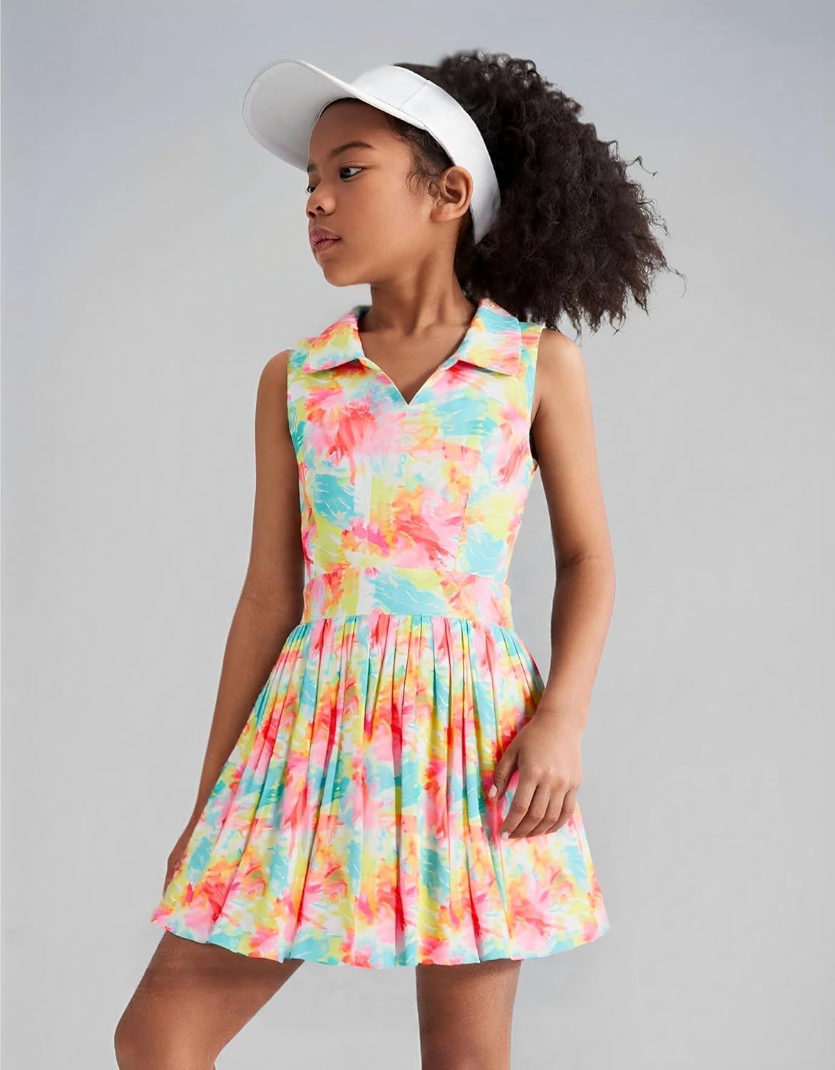 JiAmy Girls Tennis Dress Sleeveless Polo V Neck Athletic Dress Cutout Back Printed Pleated Girls Golf Dresses 3-12 Y