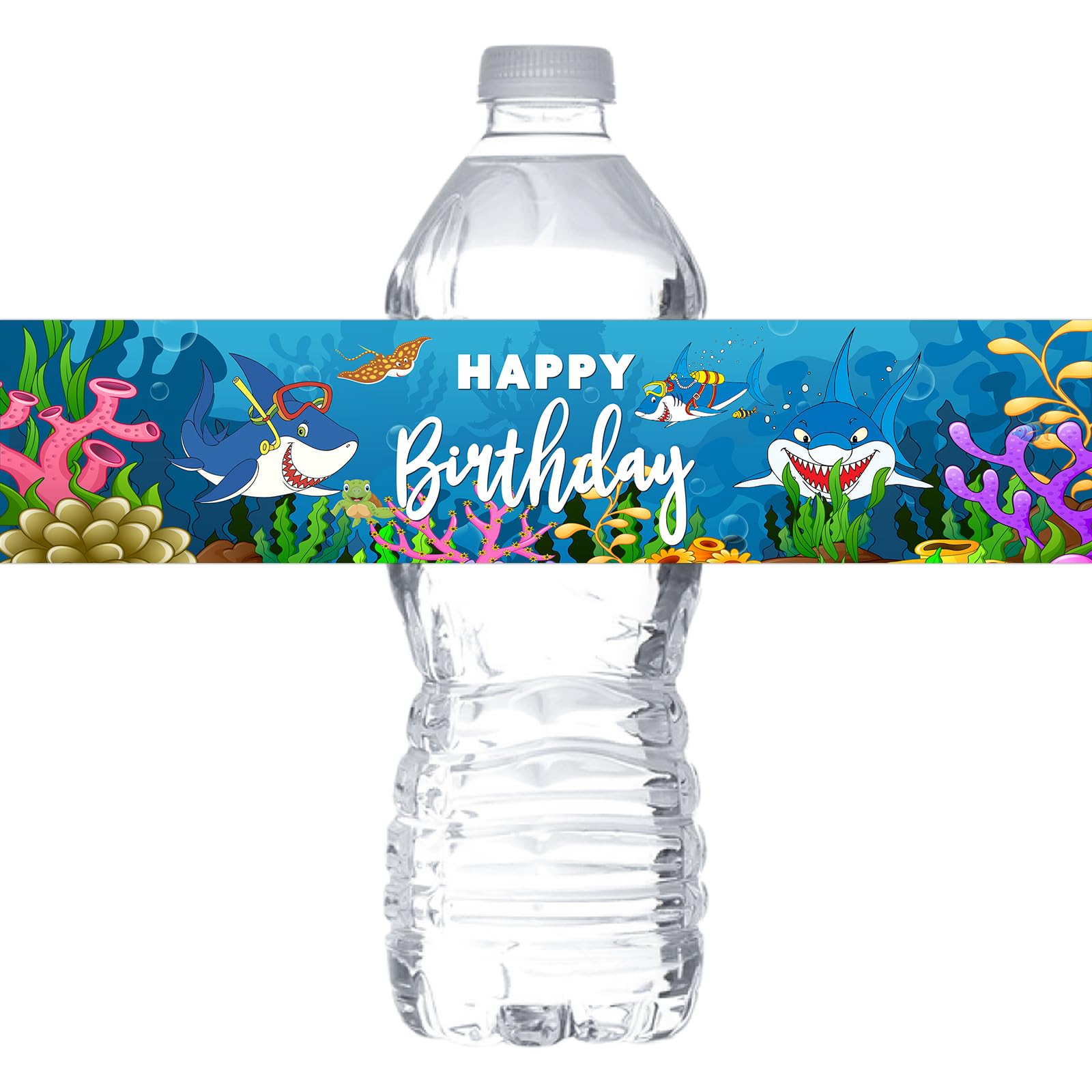 MonMon & Craft Shark Birthday Water Bottle Stickers - Sea Animal Birthday Bottle Wrappers Under The Sea Ocean World Baby Shower - Kids Boys Birthday