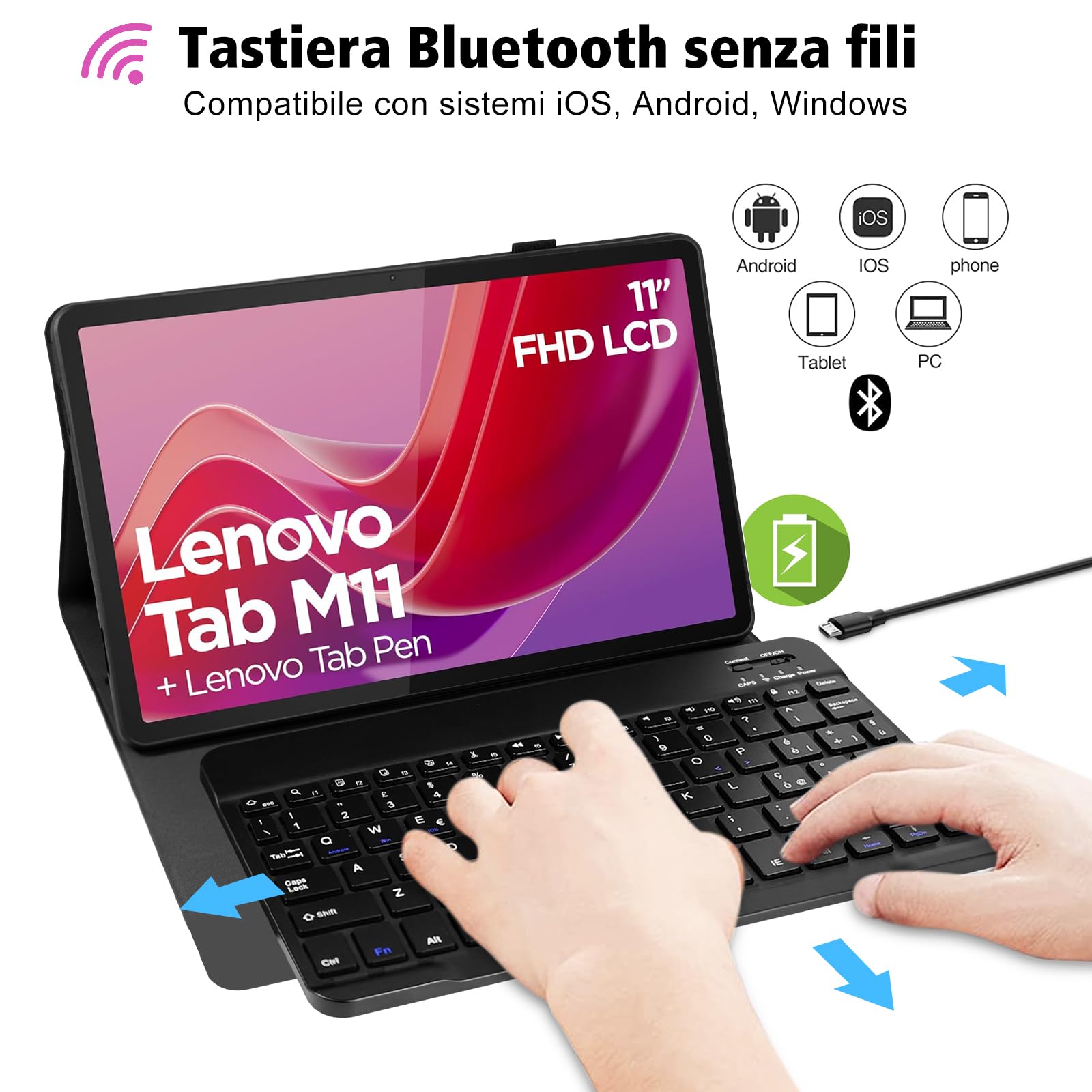 CACOE Custodia Con Tastiera Per Lenovo Tab M11 TB330 2024 – QWERTY Wireless Staccabile Con Touchpad, Retroilluminazione 7 Colori, Portapenne, Angolo Regolabile, Protezione Antiurto