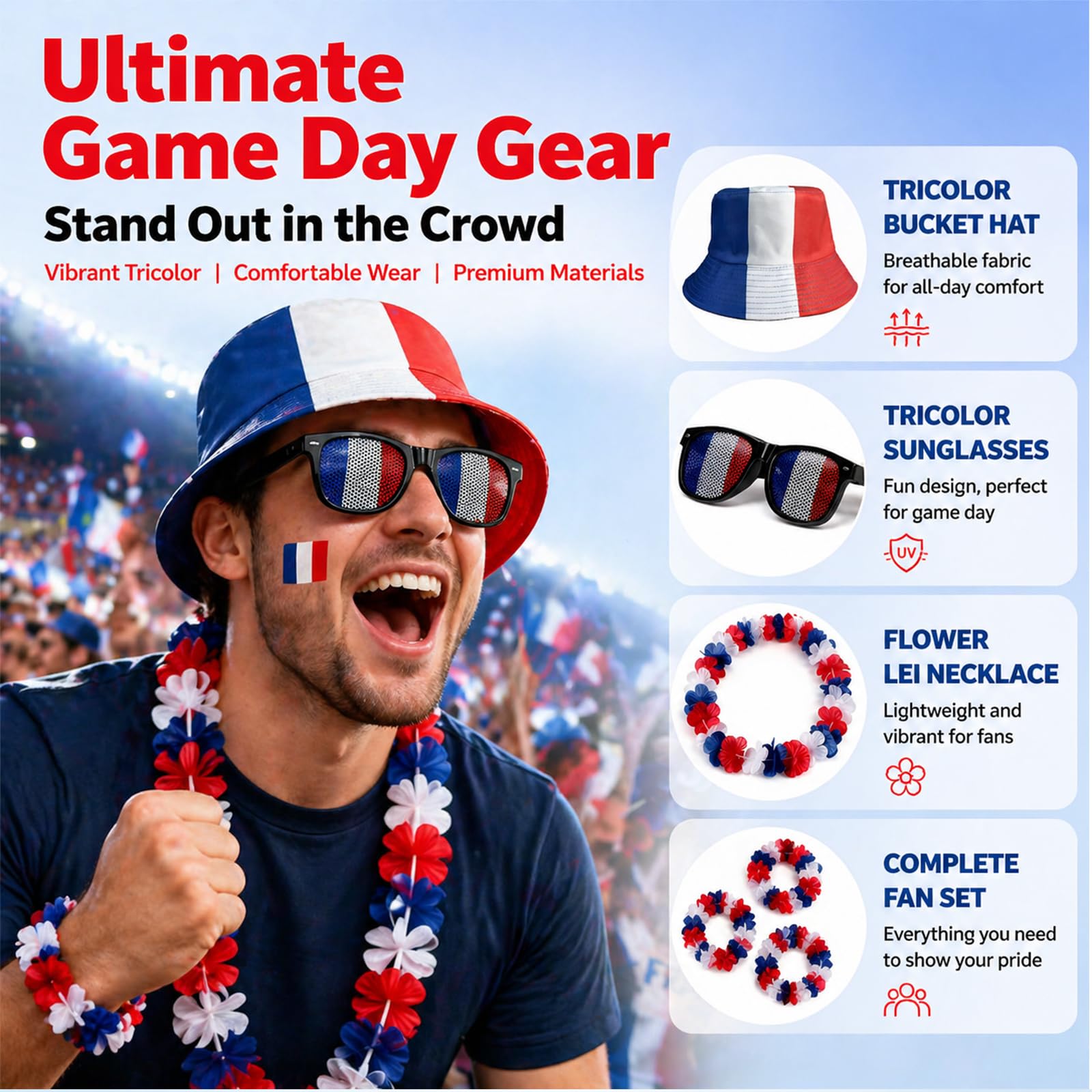 Ensemble Accessoires de Supporters France 11 Pièces avec Chapeau de Pêcheur