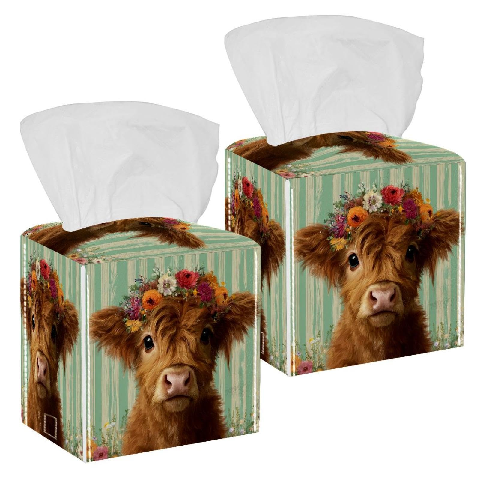 Highland Cow Tissue Box Cover, 2 Pack PU Leather Square Facial Tissue Dispenser Box holder for Home Office Car