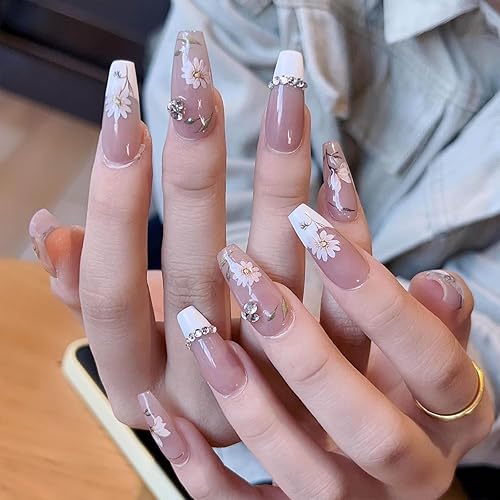 Uñas postizas a presión de gel real, hechas a mano, con diamantes de imitación francesas, cuadradas, ataúd, con diseños, uñas postizas brillantes