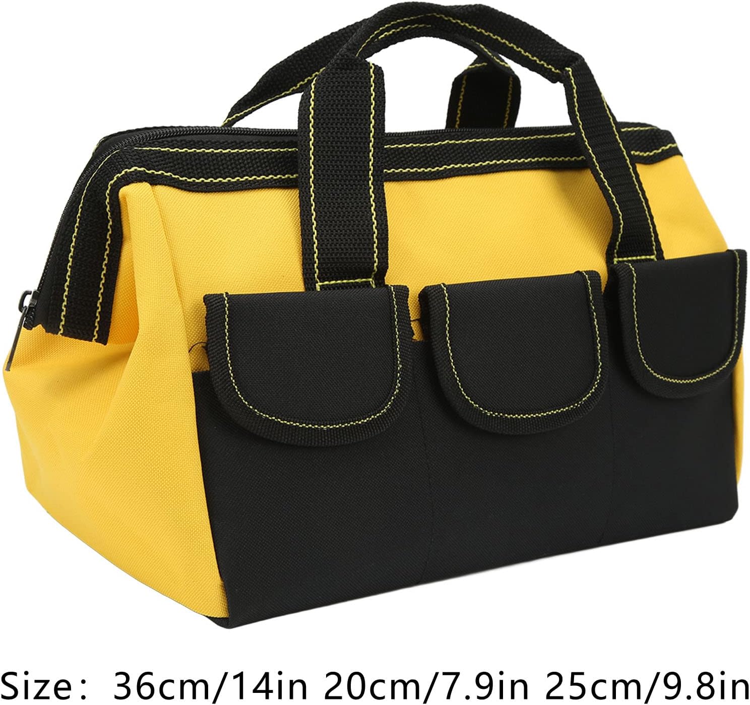 16 Inch Duty Tool Storage Bag With 5 Pockets Wide Mouth Open Top Design 1680D Oxford Cloth Sturdy Zipper Comfortable Handle For Electricians Home Workshop Workplace Portable Tool B (Yellow)