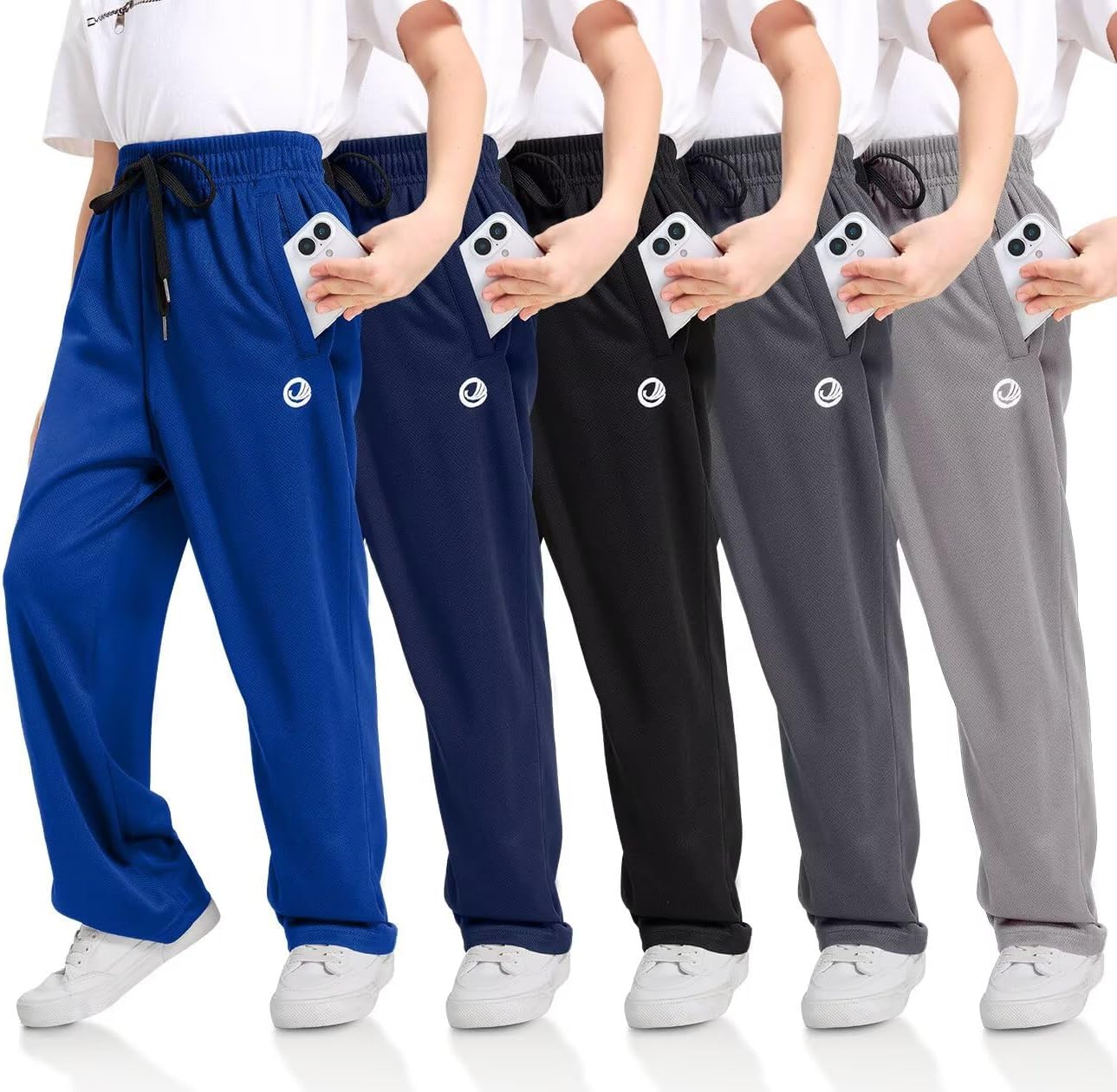 Boys Sweatpants with Zip Pockets 5Pack Athletic Pants Mesh Joggers for Boys 5-24