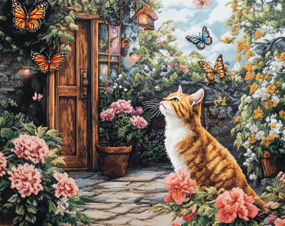 Henypt 11Ct DIY Stamped Cross Stitch Kits for Adults A Cat and Butterflies in A Courtyard Cross Stitch Kits Landscape Oil Painting Cross-Stitch Kits Counted Embroidery Kits for Adults