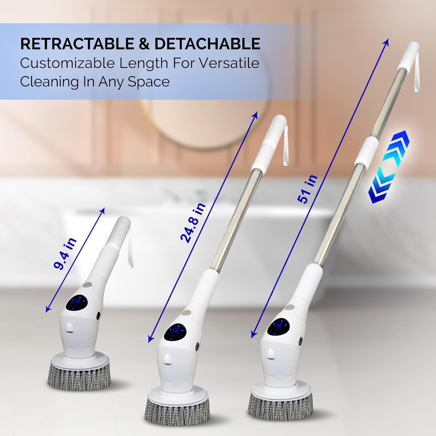 Electric Spin Scrubber, Cordless Power Brush with 8 Multi-Functional Heads, 3 Adjustable Speeds, IPX7 Waterproof, LED Display, Long Handle (13.8"-51"), Perfect for Bathroom, Tile, Kitchen, Car