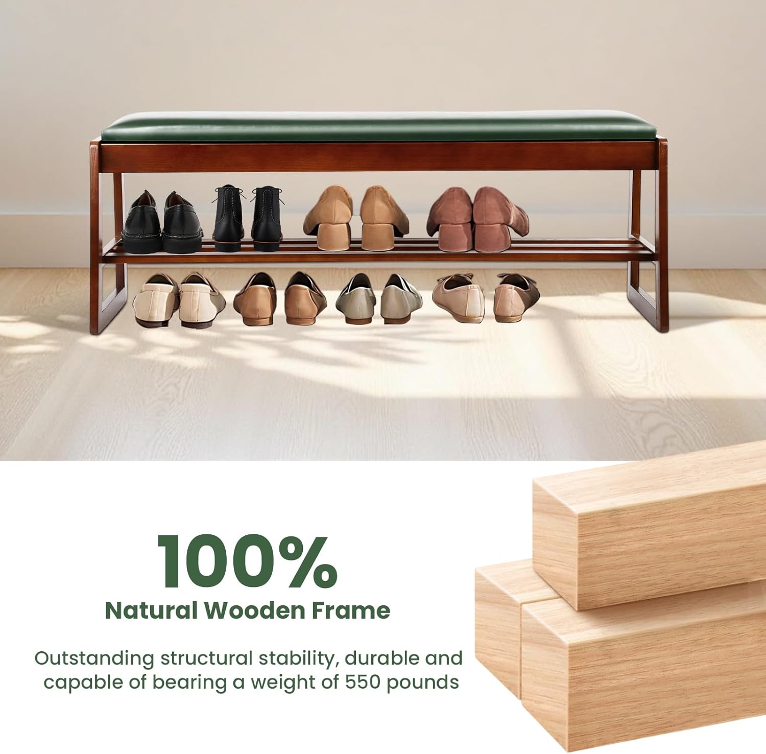 FAHKNS Shoe Bench with Leather Cushion 2 Tiers Shoe Rack 39.4" Rubberwood Shoe Organizer for Hallway, Living Room, Bedroom, Closet