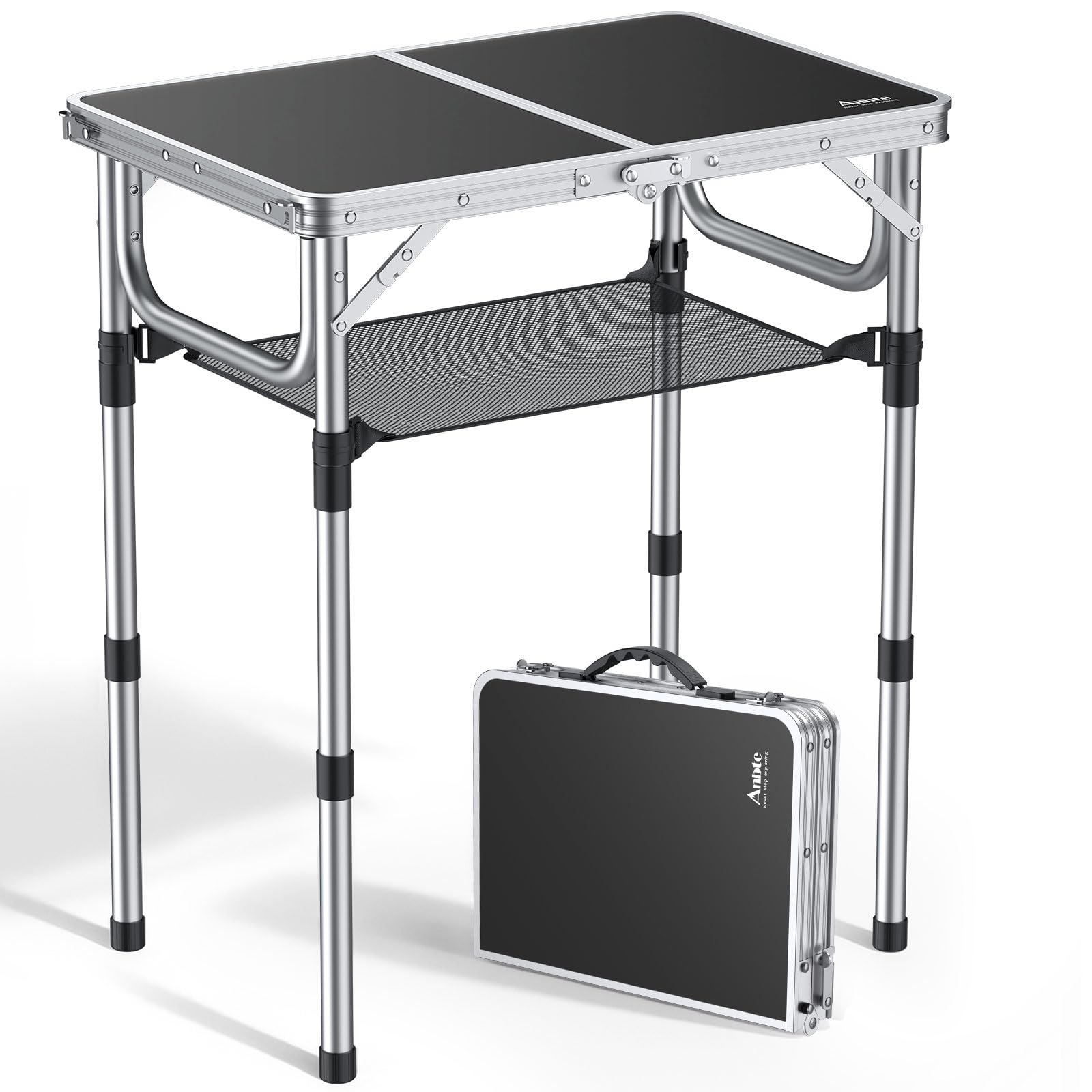 Anbte Campingtisch Klapptisch 60x40cm Aluminium Rahmen mit 3 Höhen Verstellbar 26/48/70cm Picknicktisch mit Aufbewahrungsnetz Tragbar Multifunktionstisch für Camping Strand Balkon (Schwarz)