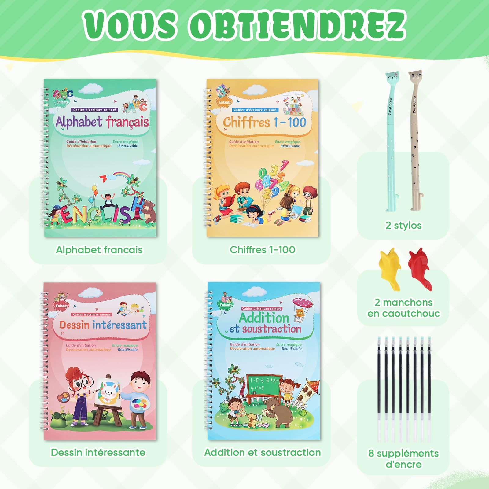 Cahiers d'écriture réutilisables à l'encre magique pour enfants - Pour enfants d'âge préscolaire - Modèle de rainures - Aide à l'écriture manuscrite - Version élargie - 4 livres + stylos