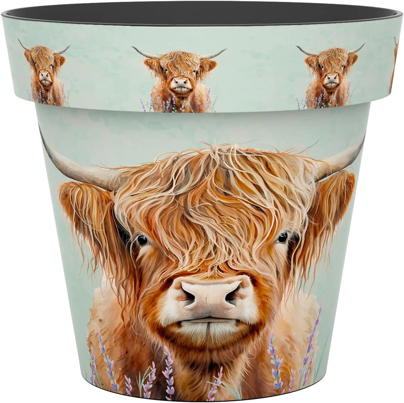 Decorative Flower Pot Indoor Outdoor - Printed Plastic Plant Pot - Wildlife Designs (Butterfly, Bee, Bird, Hedgehog) - Garden Planter for Flowers, Herbs & Houseplants (Highland Cow, 24 Litre)