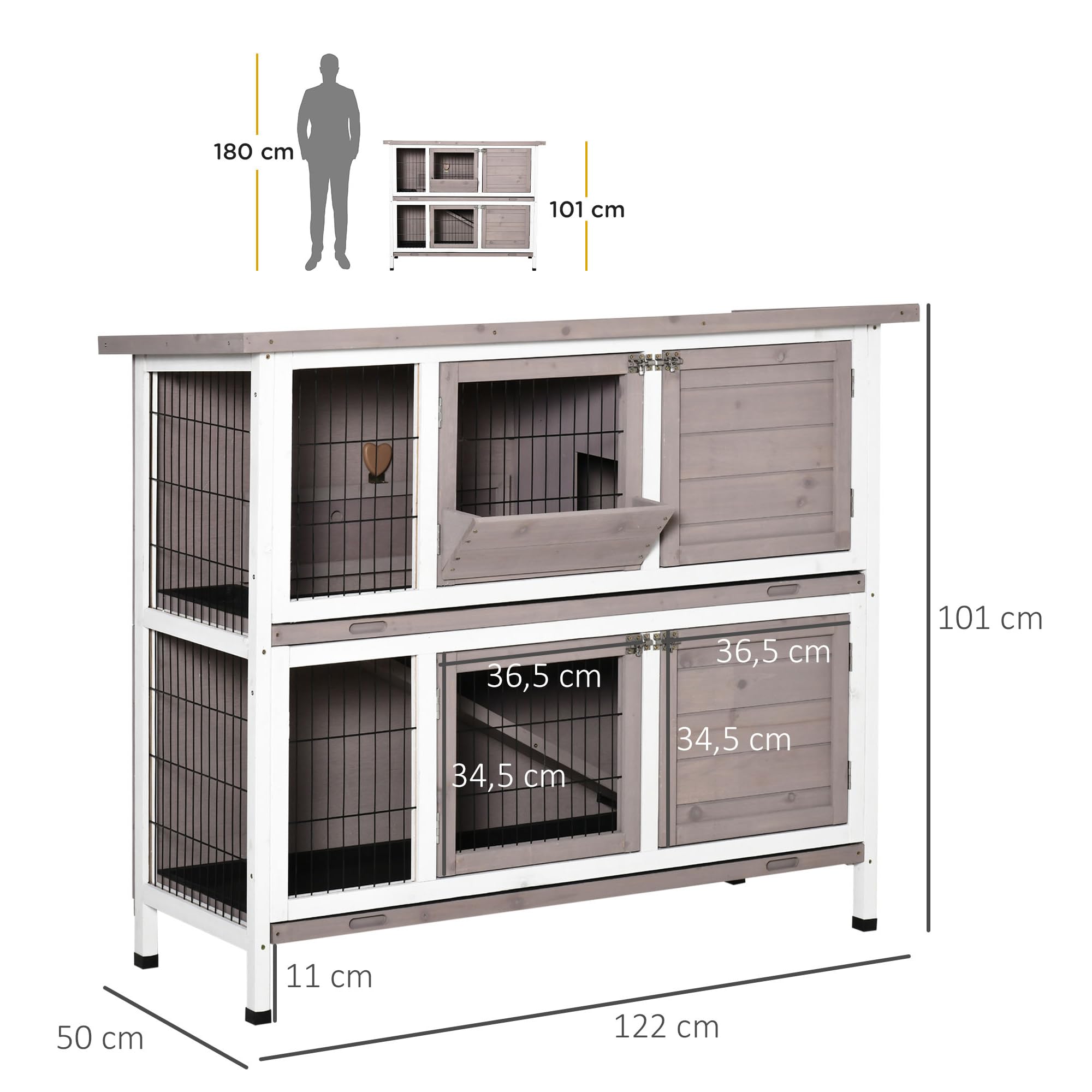 PawHut Conejera de Madera Jaula de 2 Niveles para 1-2 Conejos con Puertas Cerradura Bandejas Extraíbles y Comedero para Exterior 122x50x101 cm Marrón