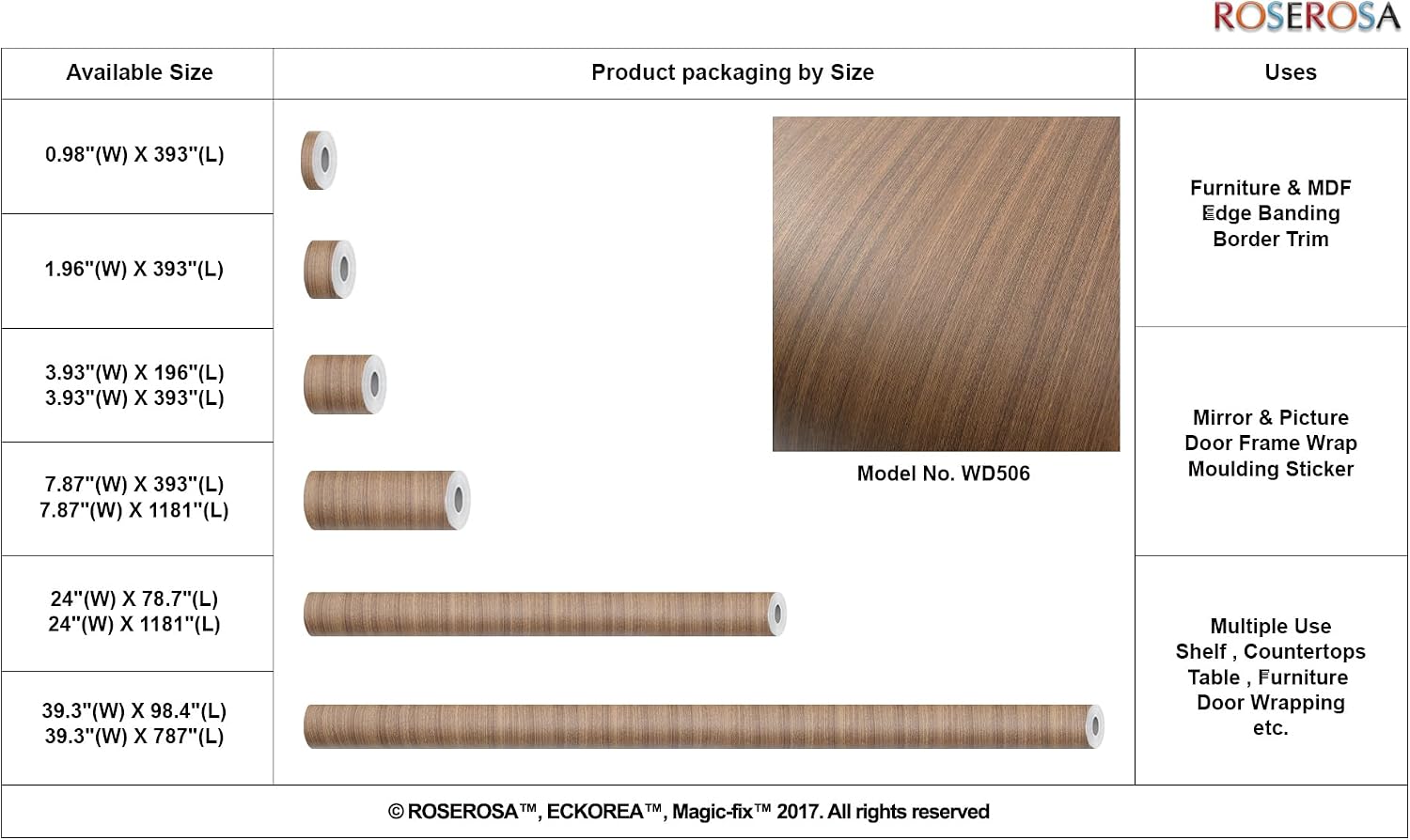 ROSEROSA Peel and Stick Faux Walnut Wood Architectural Film Self-Adhesive Vinyl Film Wallpaper Door Wrap Counter Top Border Mirror Molding Trim WD506