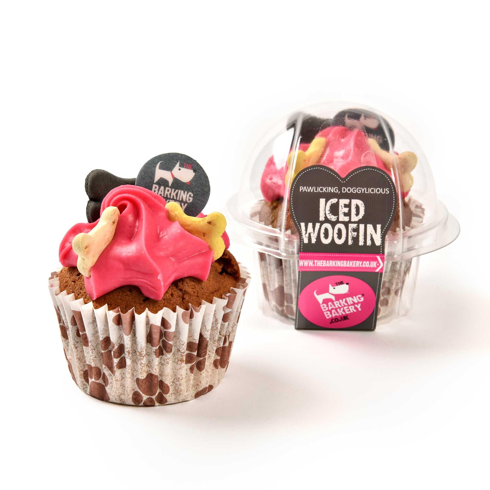 Carob Woofin with Pink Frosting - Dog Cupcake for Medium & Large Dogs – Birthday & Occasion Treats - Human Grade Ingredients – Handmade - Meat Free - Baked in England 75g.