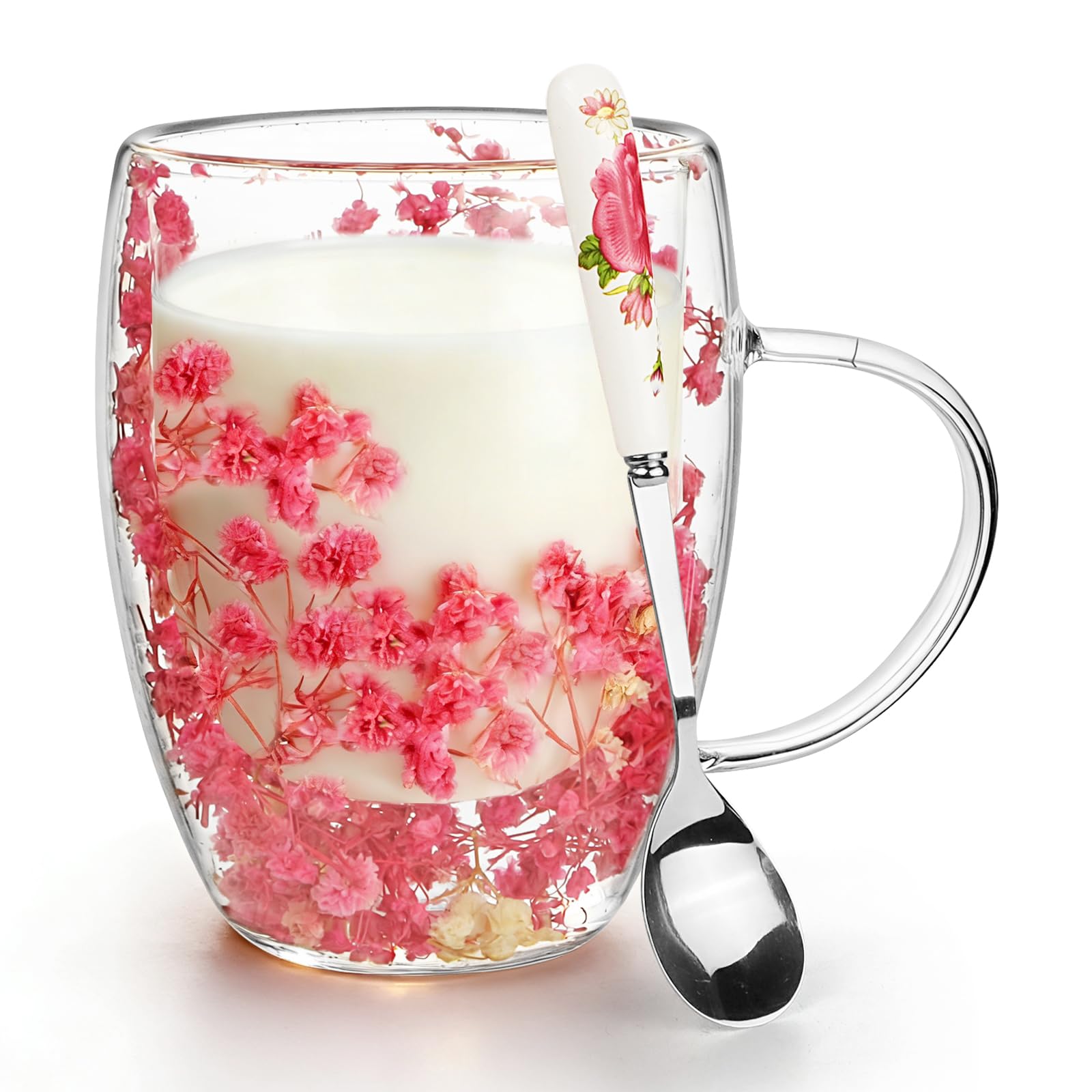 Wieat Double Wall Glass Coffee Mug, Dried Flowers Tea Cup with Handle and Spoon, Glass Cup for Hot and Cold Drinks, Birthday Gifts for Women (300ml)