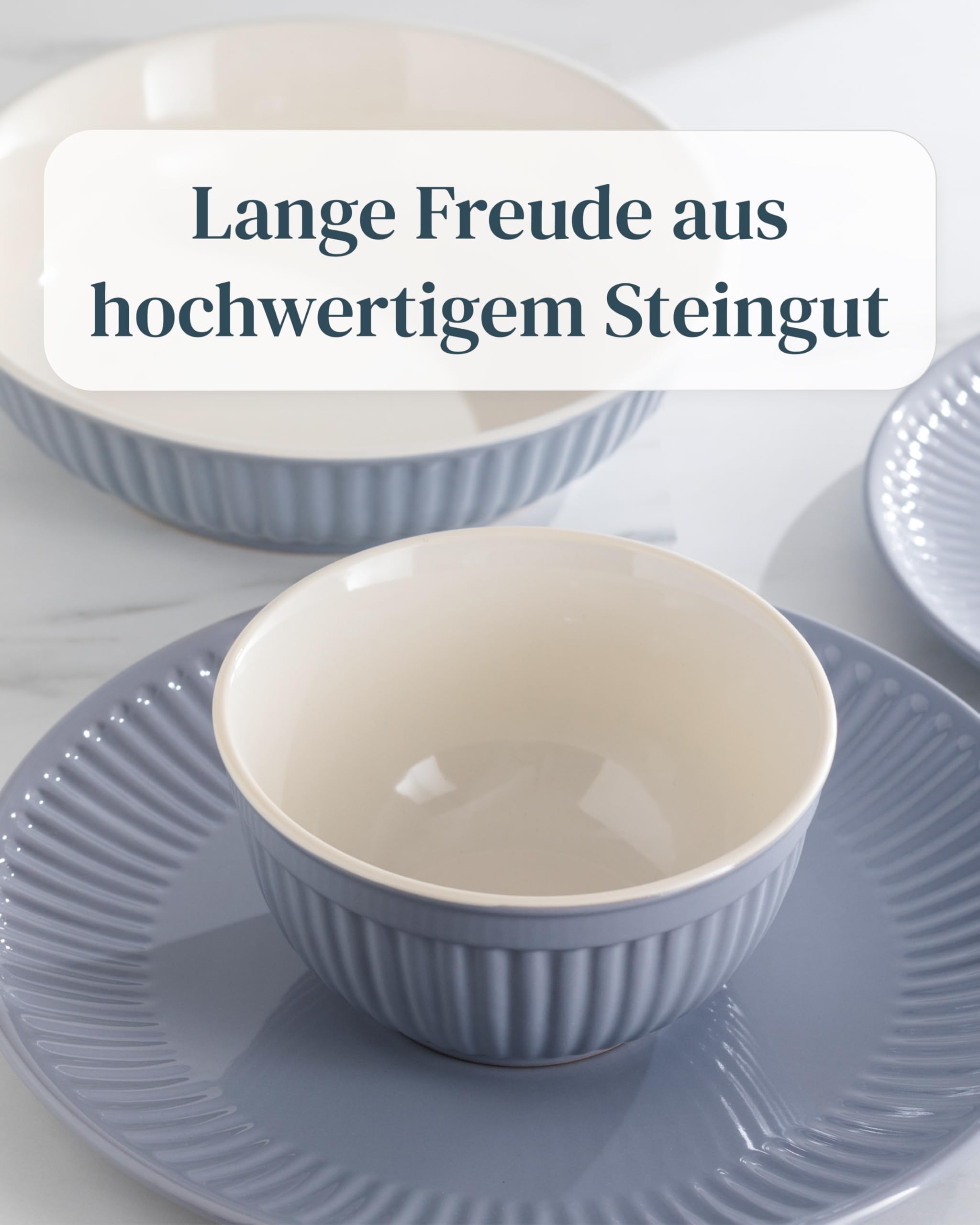 Hygge Geschirrset 24 tlg. für 6 Personen — Skandinavisches Steingut Tafelservice mit Riffelstruktur, Spülmaschinenfest, Mikrowellengeeignet, Komplett-Set in Graublau (PURE LIVING)