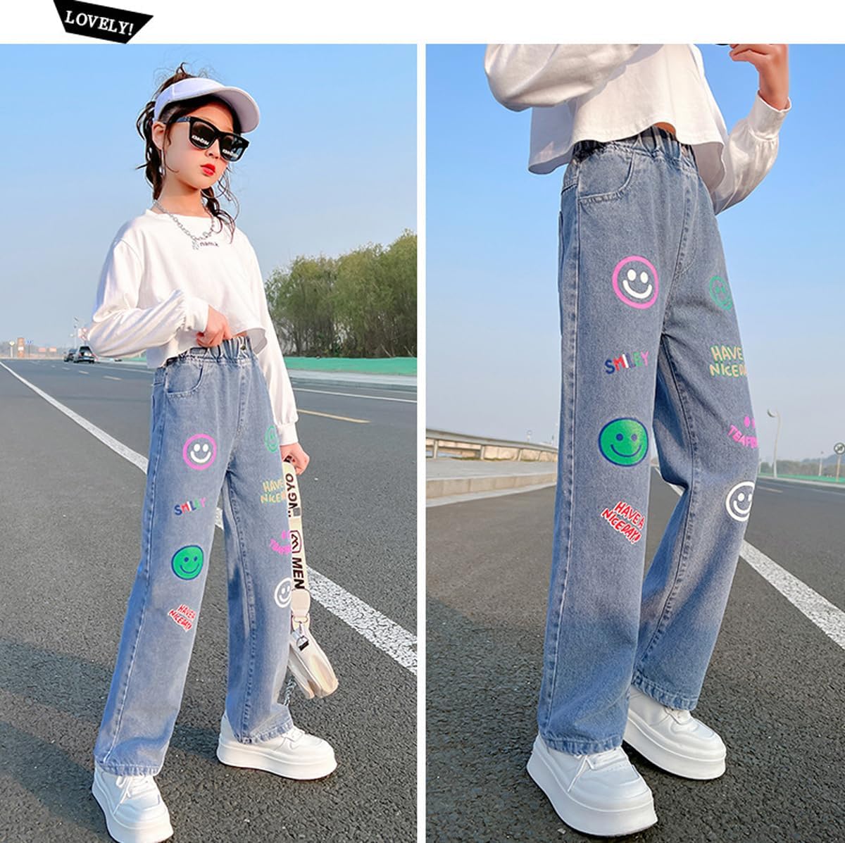 NABER Kids Girls' Elastic Waist Denim Pants Baggy Wide Leg Jeans Age 5-14