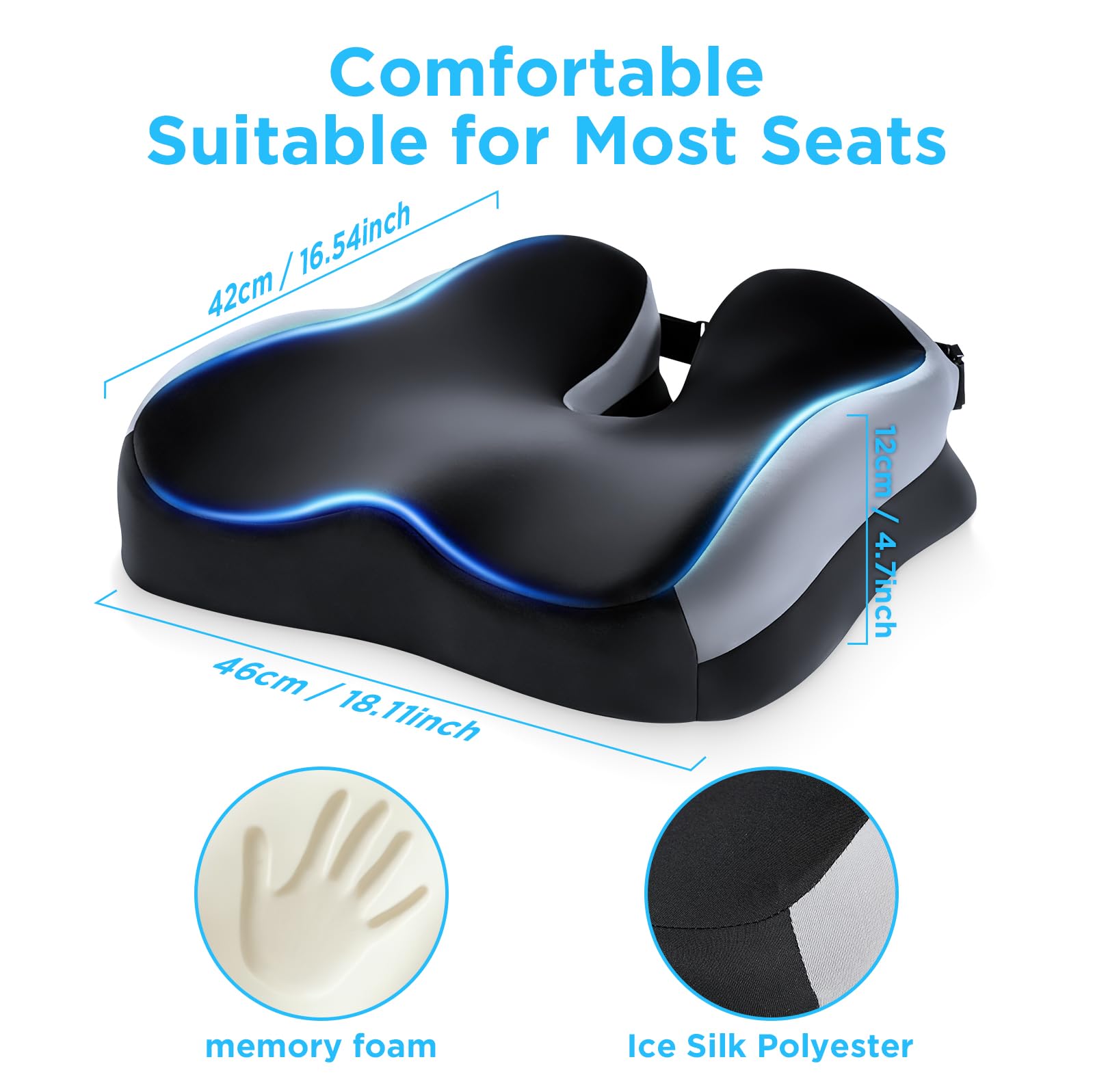 Cojín Silla Oficina para Aliviar Dolor de Coxis y Ciática, Cojín Ortopédico de Espuma Viscoelástica, Base Antideslizante, Soporte Ergonómico Cadera y Espalda para Oficina y Coche