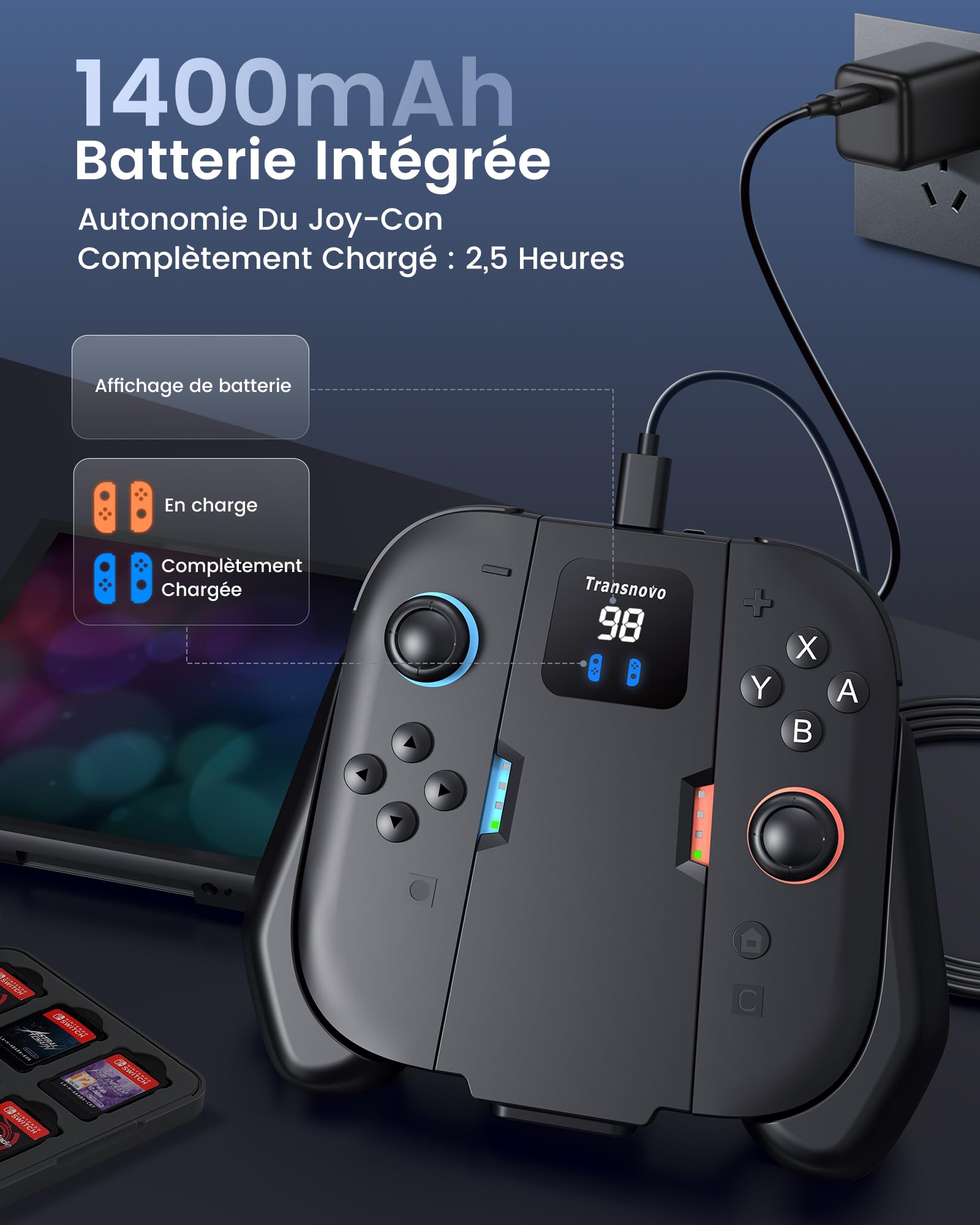 TRANSNOVO Poignée de Charge Joy Con 2 Compatible avec Switch 2 Manettes, Support de Recharge Magnétique avec Câble, Indicateur LED, Prise Ergonomique Antidérapante (Noir, 1400 mAh)