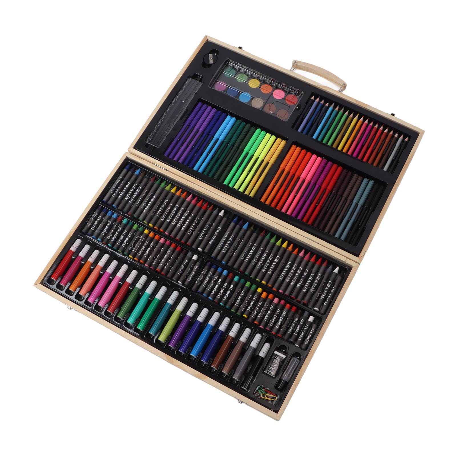 Kinder-Malset aus Holz, multifunktionales Kunstset für Kinder mit 158 Teilen, darunter Wachsmalstifte, Pastelle, Aquarellstifte und Buntstifte in einer Holzkiste für zu Hause