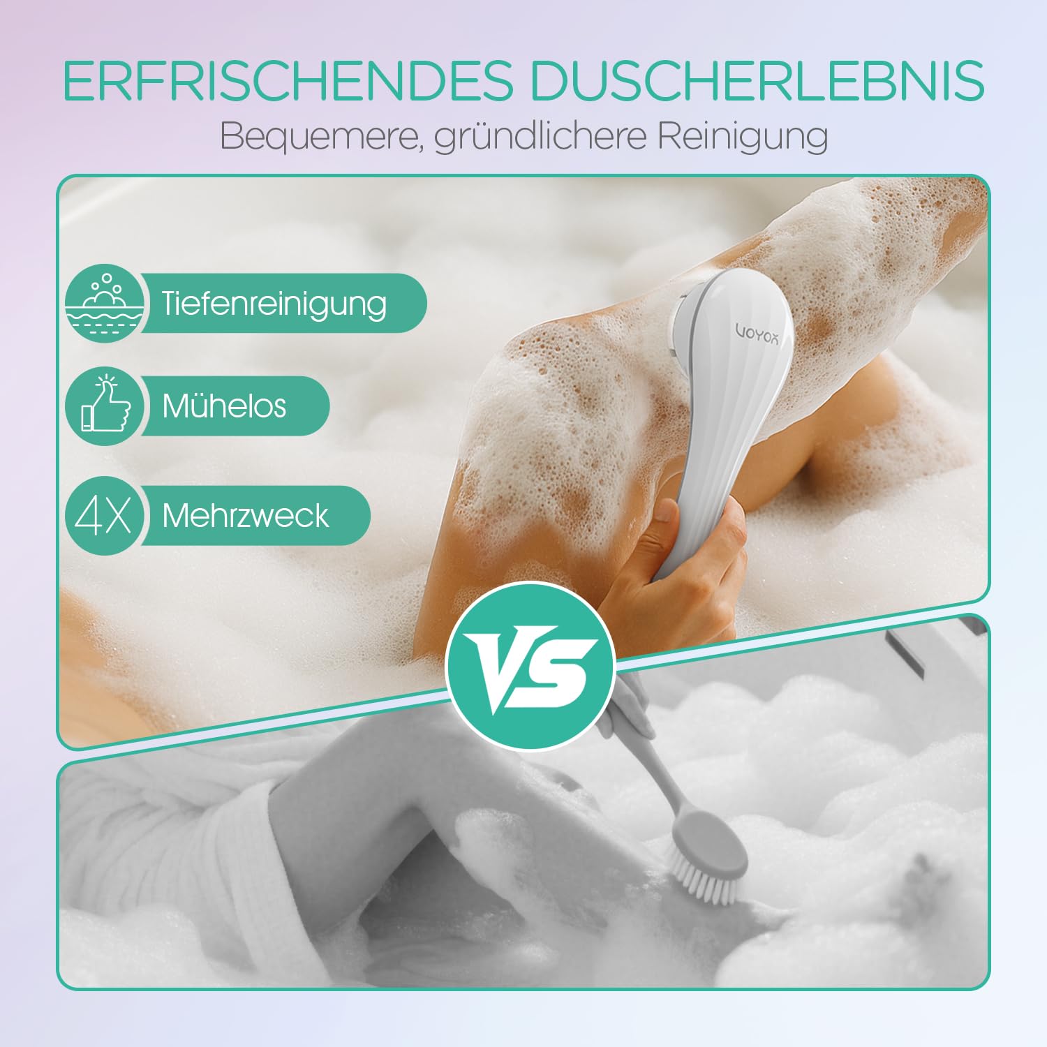 VOYOR Rückenbürste Duschbürste Körperbürste elektrische Rückenbürste langer Griff wasserdicht Aufladbar mit 4 Reinigungsköpfen für Spa Dusche Peeling Massagebürste BC100 (Grau)