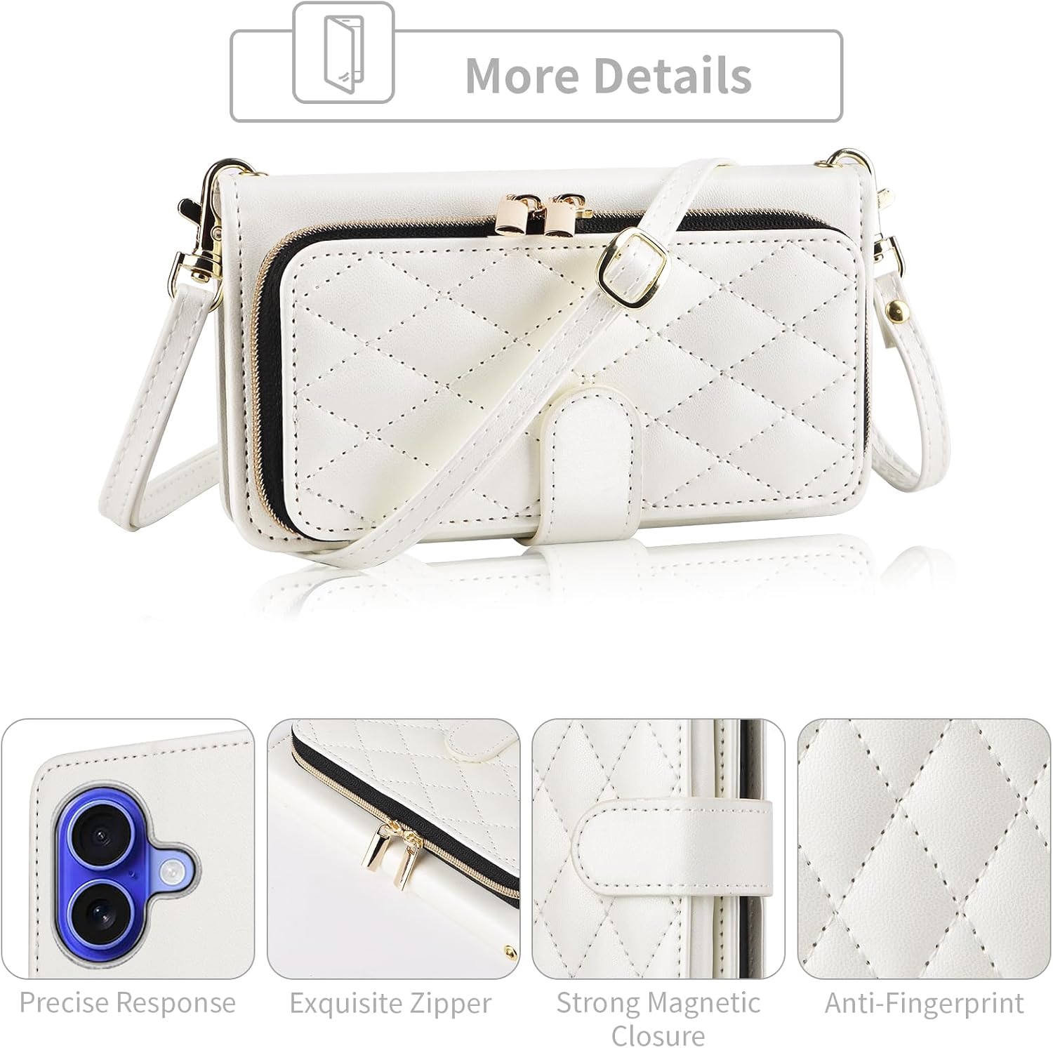 Argyle Wallet Case Compatible with iPhone 16 Plus 6.7 inch with Wrist Strap Shoulder Strap, 9+ Card Slot Zipper Purse Stand Checkered Cell Phone Cover for i Phone16 16+ i16 + 16Plus White