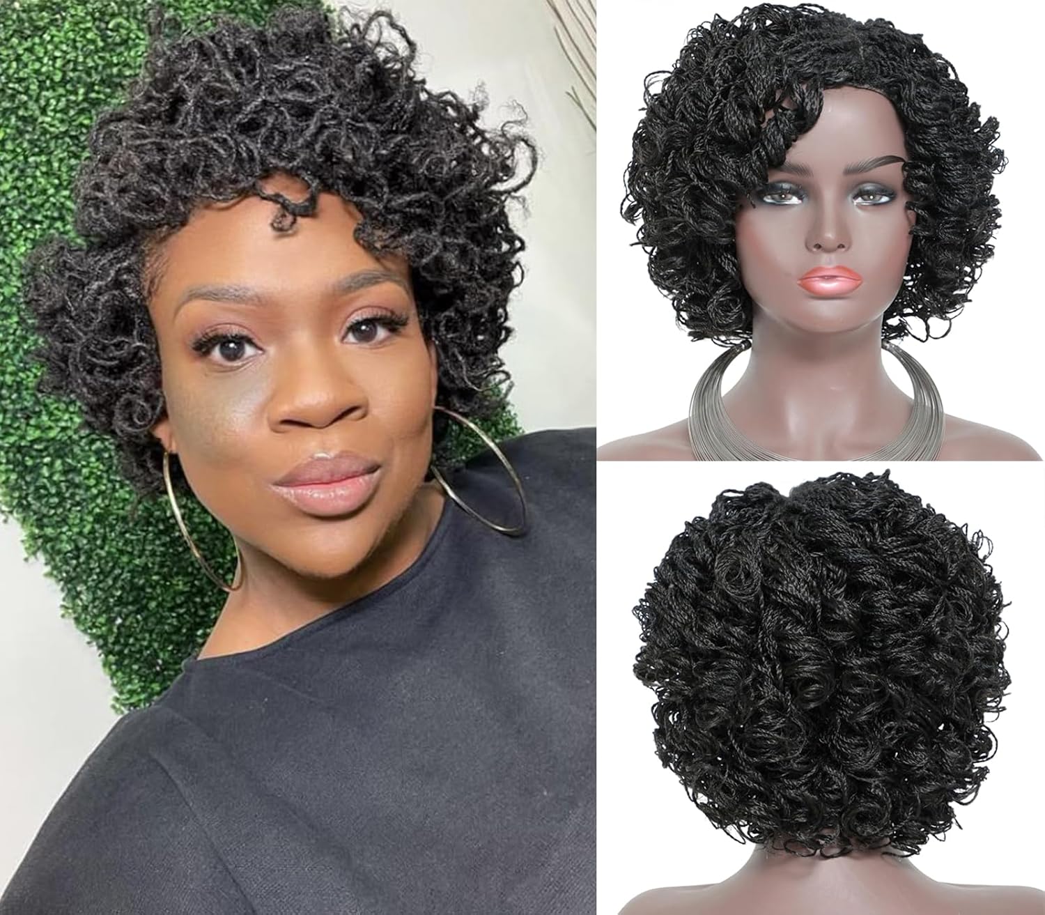 Short Curly Braided Micro Twist Wig 10inch Synthetic Glueless Ready-to-Wear Handmade Black Mini Box Braid Wig with Baby Hair for Black Women - 1B#