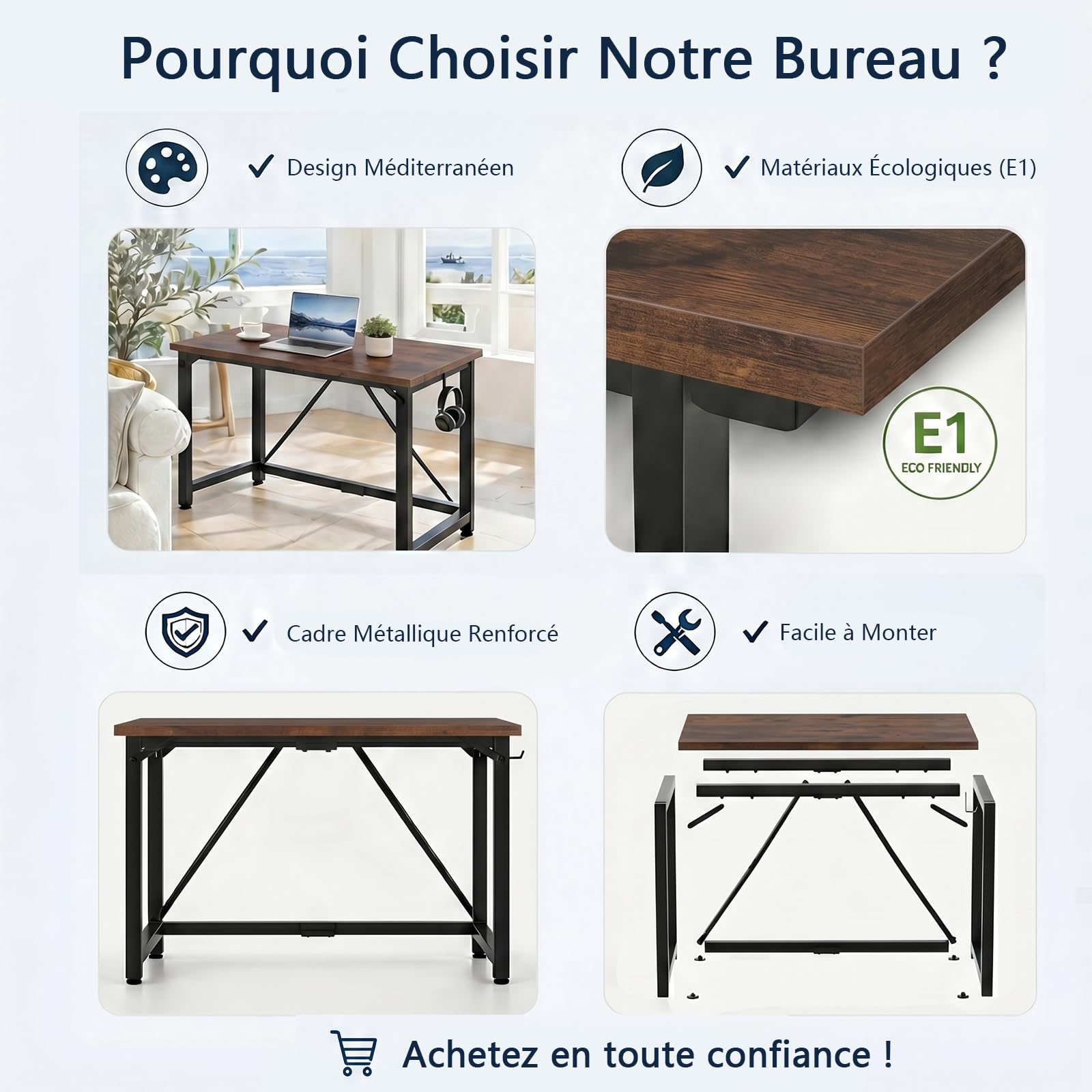 JUMMICO Bureau d'Ordinateur 100 x 50cm, Table, pour Maison, Salon, Marron