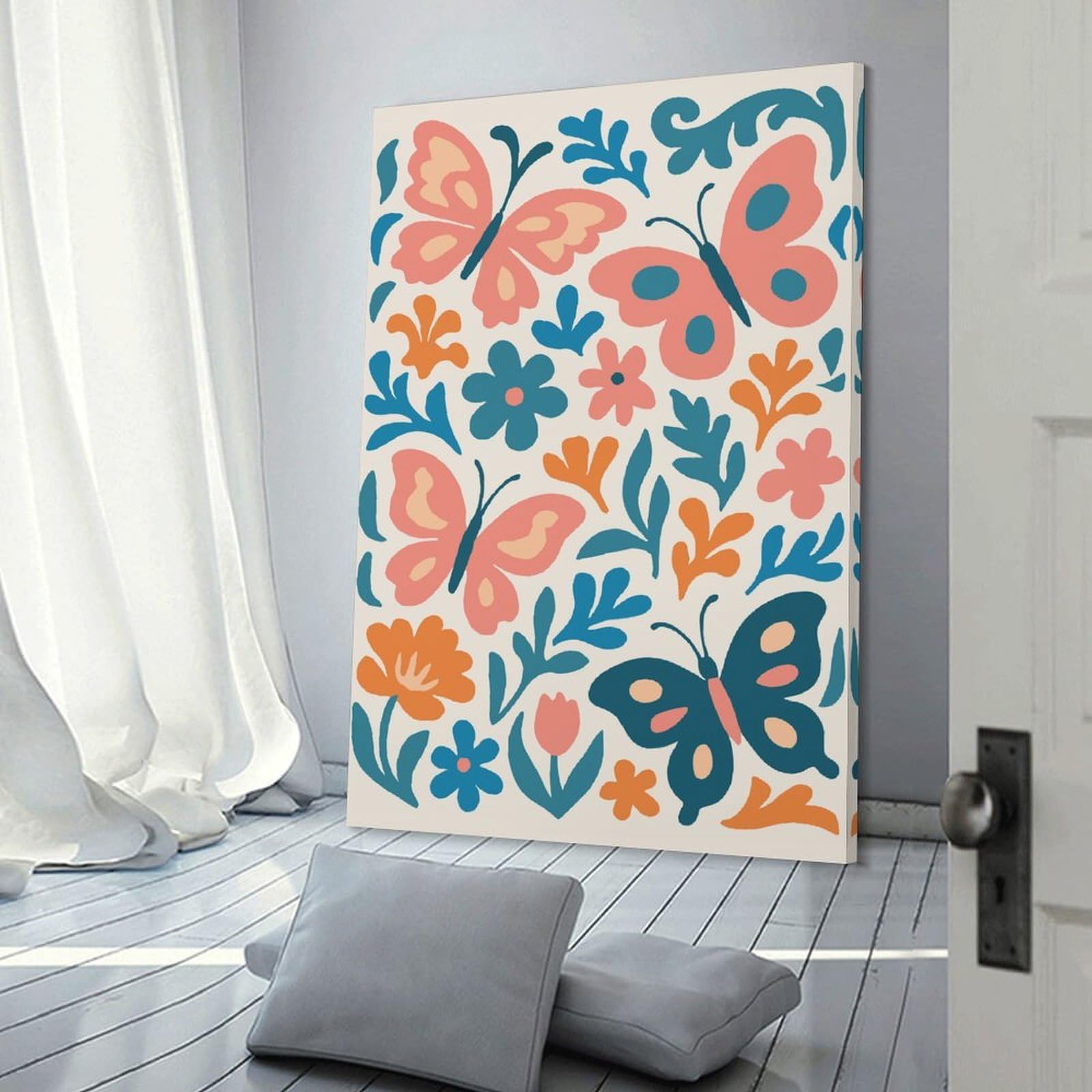 Junmoney Room Decor Wall Art Colorful Butterflies And Flowers Illustration, 20x30inch(50x75cm), for Gallery Wall Layouts in Home Or Office, Home Wall Art for Statement Displays