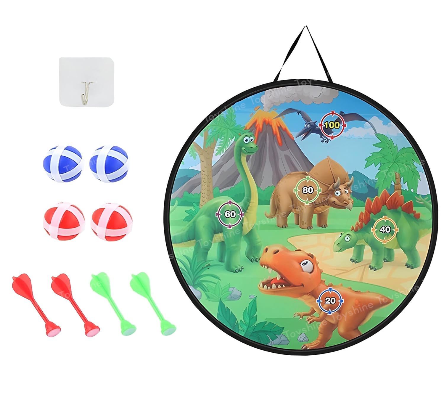 Toyshine 28 Inch Foldable Shooting Target Dinosaur Dartboard with 4 Balls, 4 Darts and 4 Flying Disc with Dino Launcher Toy | Indoor Outdoor Toy Boys Girls 3 4 5 6 7 8+ Years Toy Review India (Iknoor World )